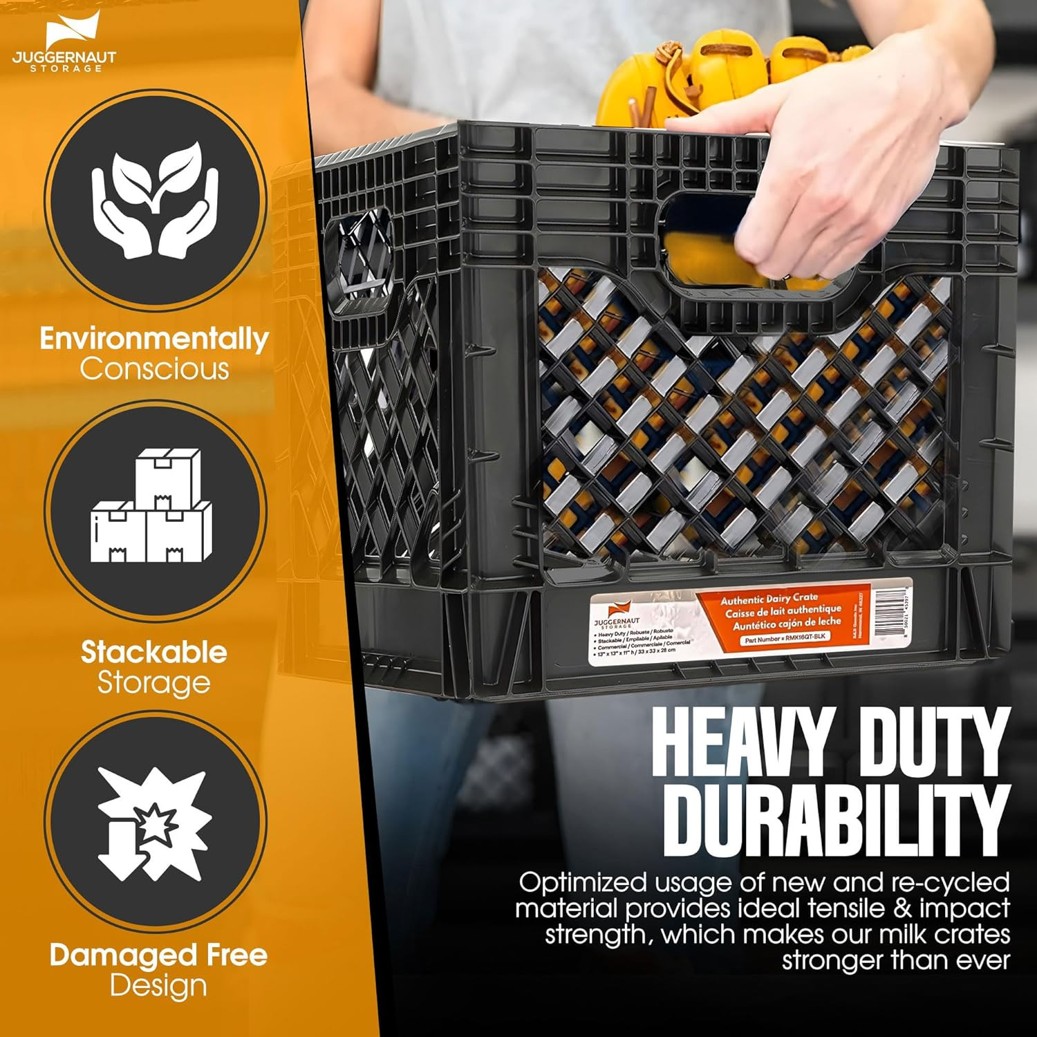 Juggernaut Storage 2-Pack Stackable Heavy Duty Milk Crates with Handles, 16 Qt,
