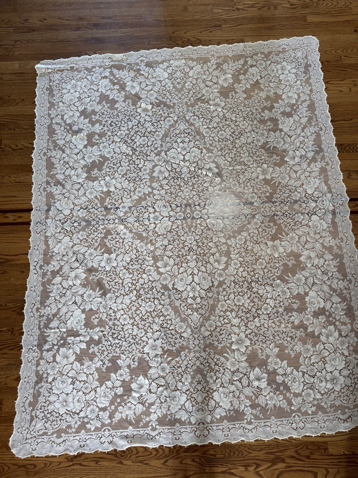 Vintage Quaker Lace Tablecloth No 7710 Floral Rose Ivory Cream 72″ x 90″ Oblong