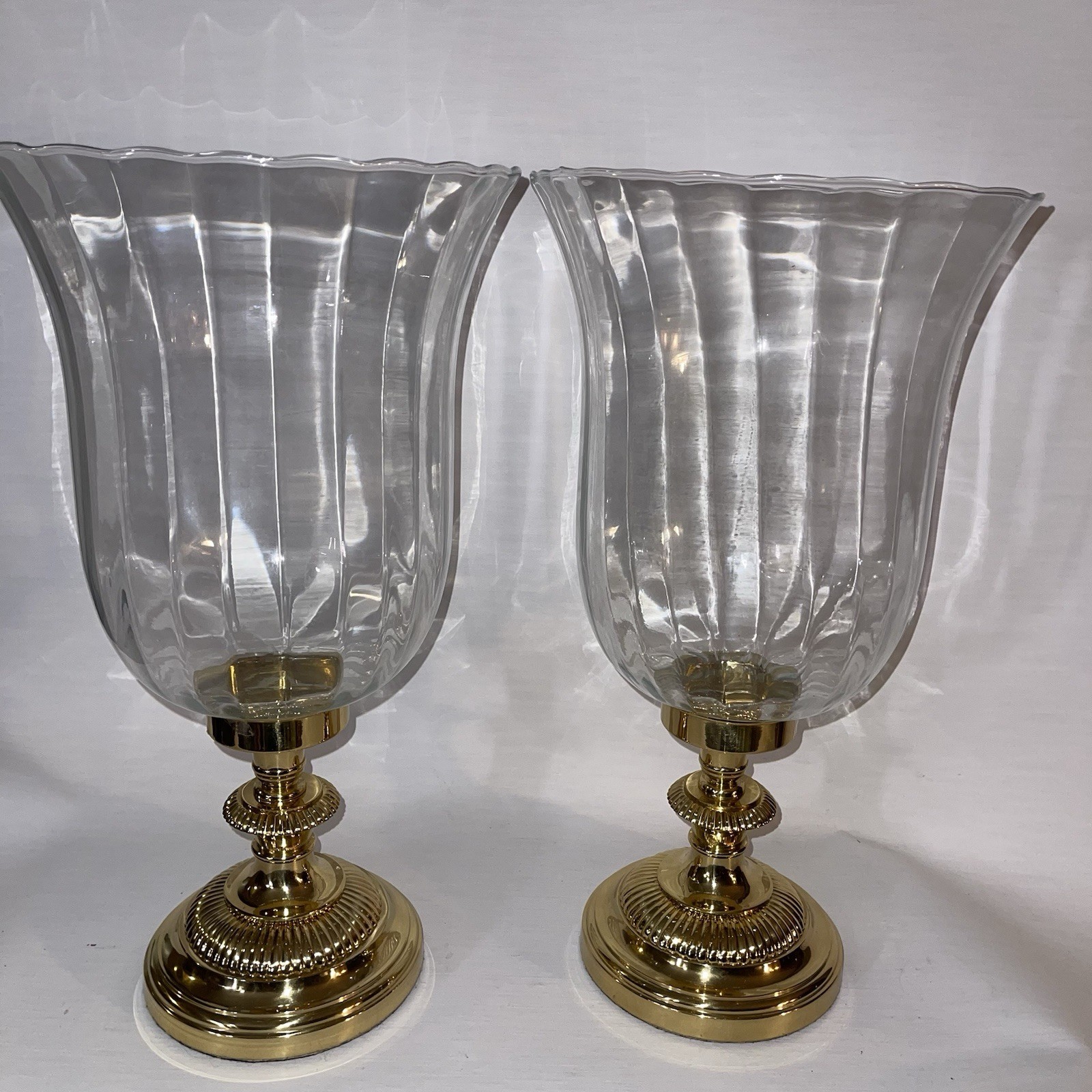 2 HUGE 18″ Vintage Decorative Crafts Inc Brass Glass Hurricane Candle Holder
