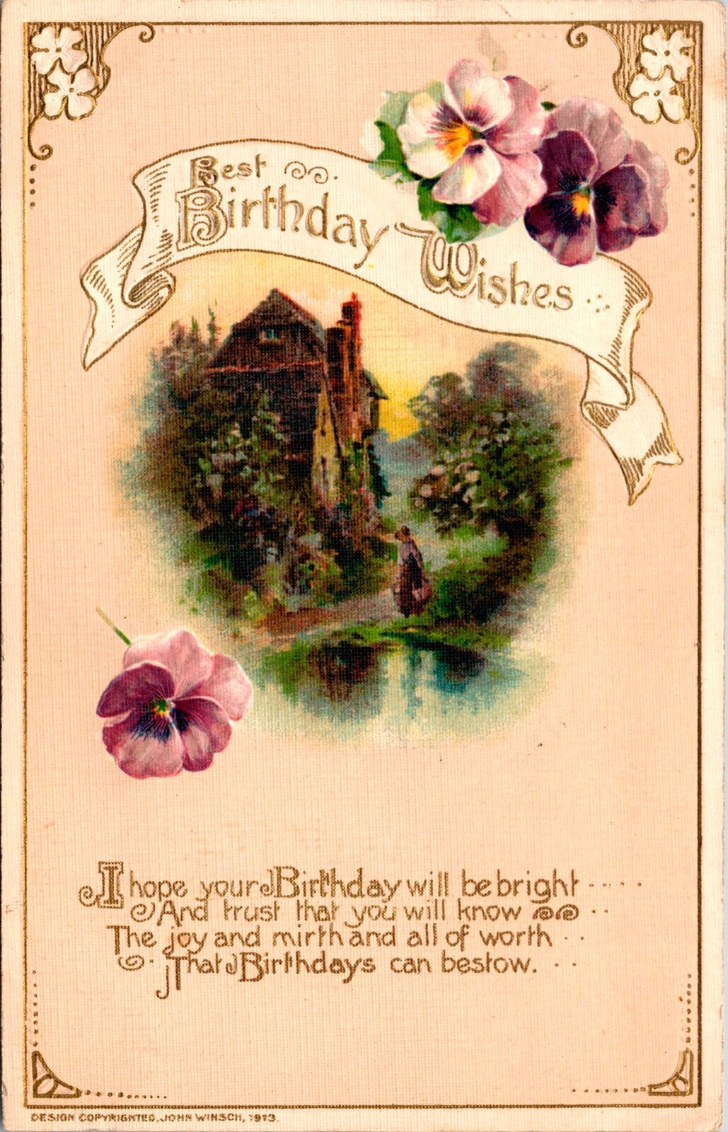 Vintage John Winsch House,Woman,Daisy, Flower Antique Landscape Easter Postcard