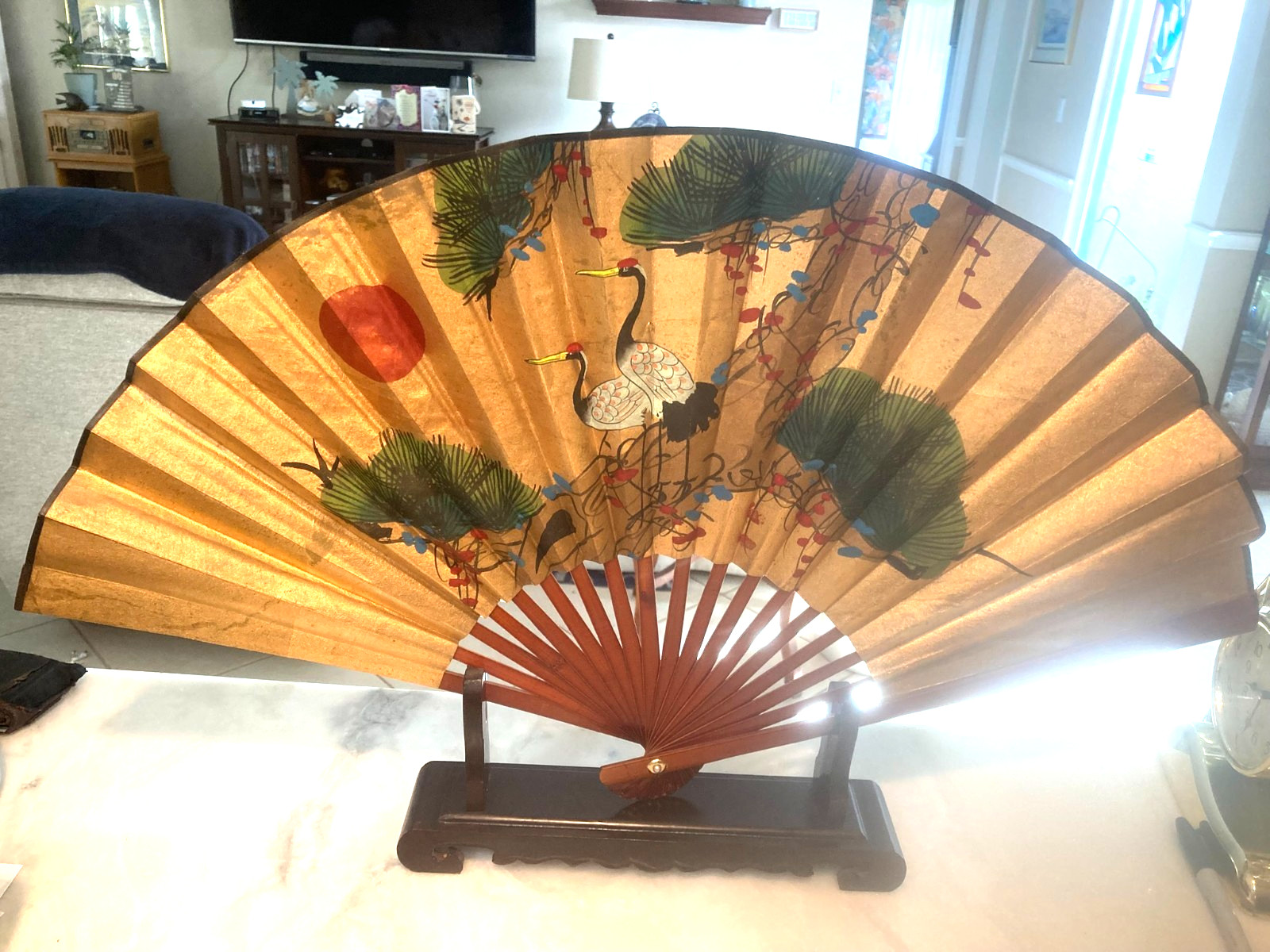 Japanese 28″ Folding Hand Fan Painted Cranes With Stand