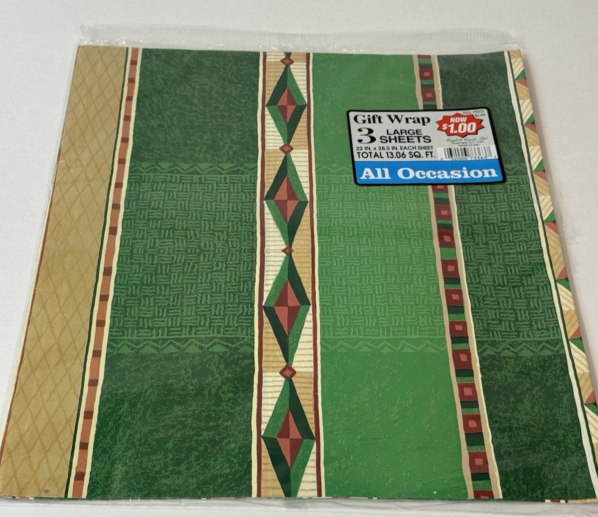 VTG English Cards Gift Wrap Green Geometric Southwestern 3 Sheets USA NOS READ