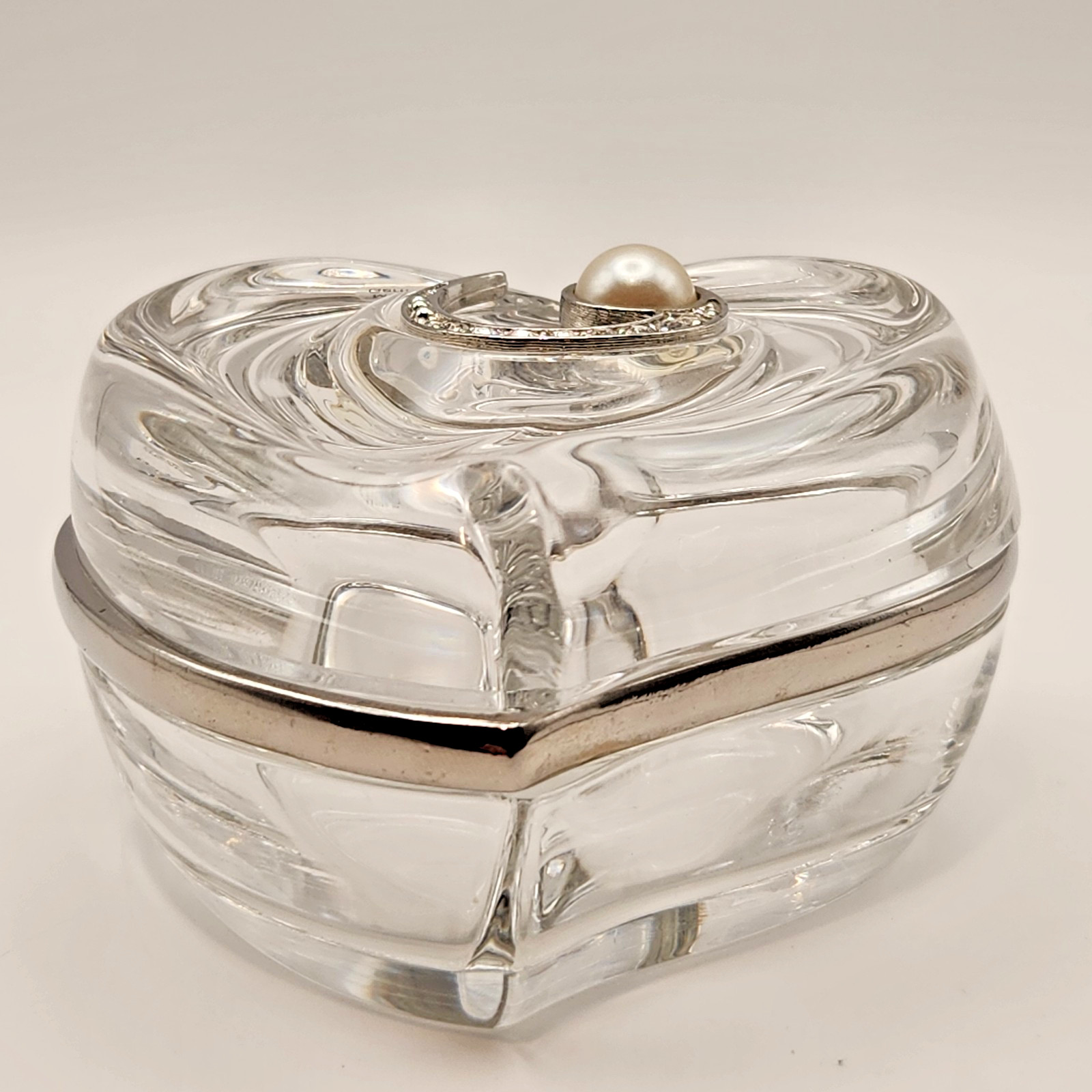LENOX Crystal Heart Trinket Box & Lid Silver Accent Pearl Inlay Made in Germany
