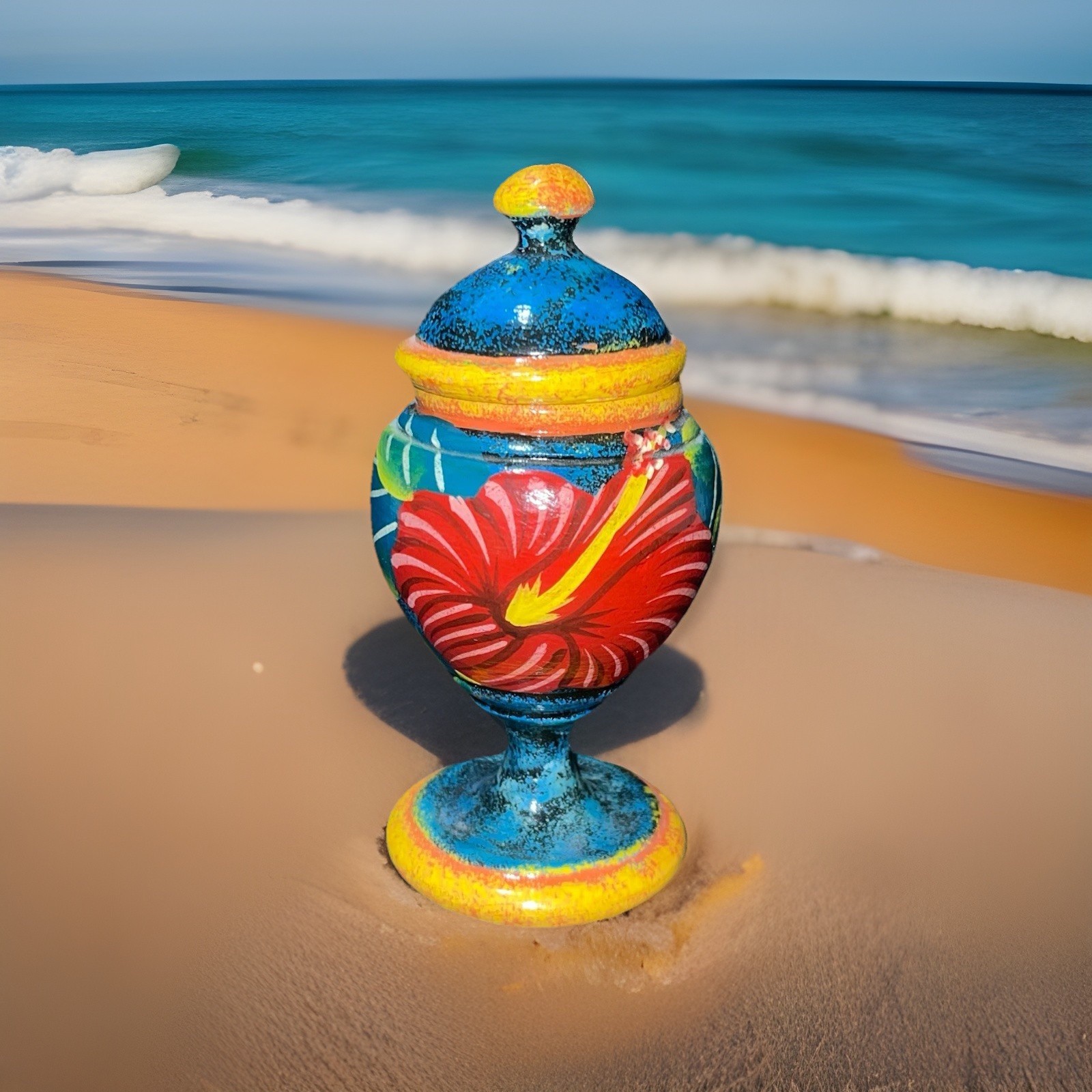 Vintage Hand-Painted Souvenir Urn Carved Wood Pedestal Haiti Flower Vibrant