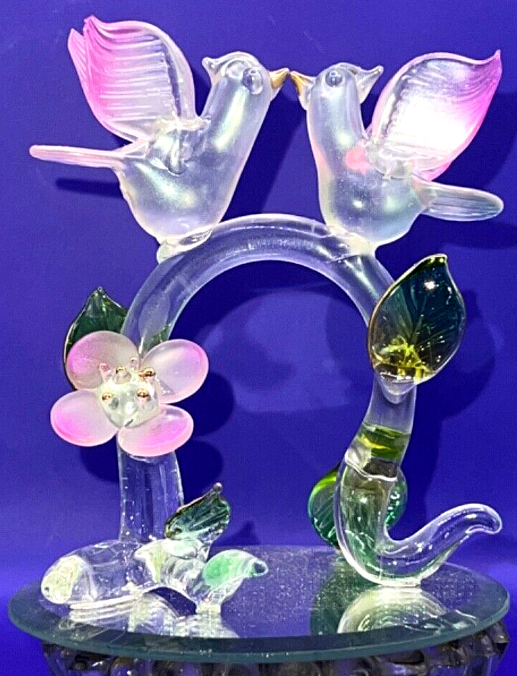 Love Birds Hand Blown Glass Figures with Pink Flowers & Green Leafs on Mirror 4”