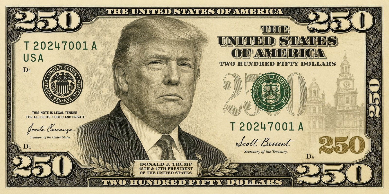 1077 Donald Trump Two Hundred Fifty Dollar Bill Beautifully Printed Full-Sized