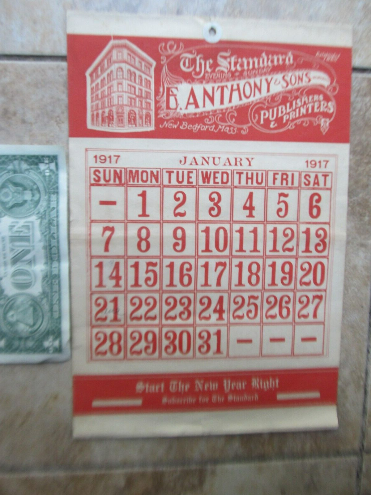 Rare 1917 WWI Anthony Advertising Calendar, New Bedford, Mass., Full Year, GIFT