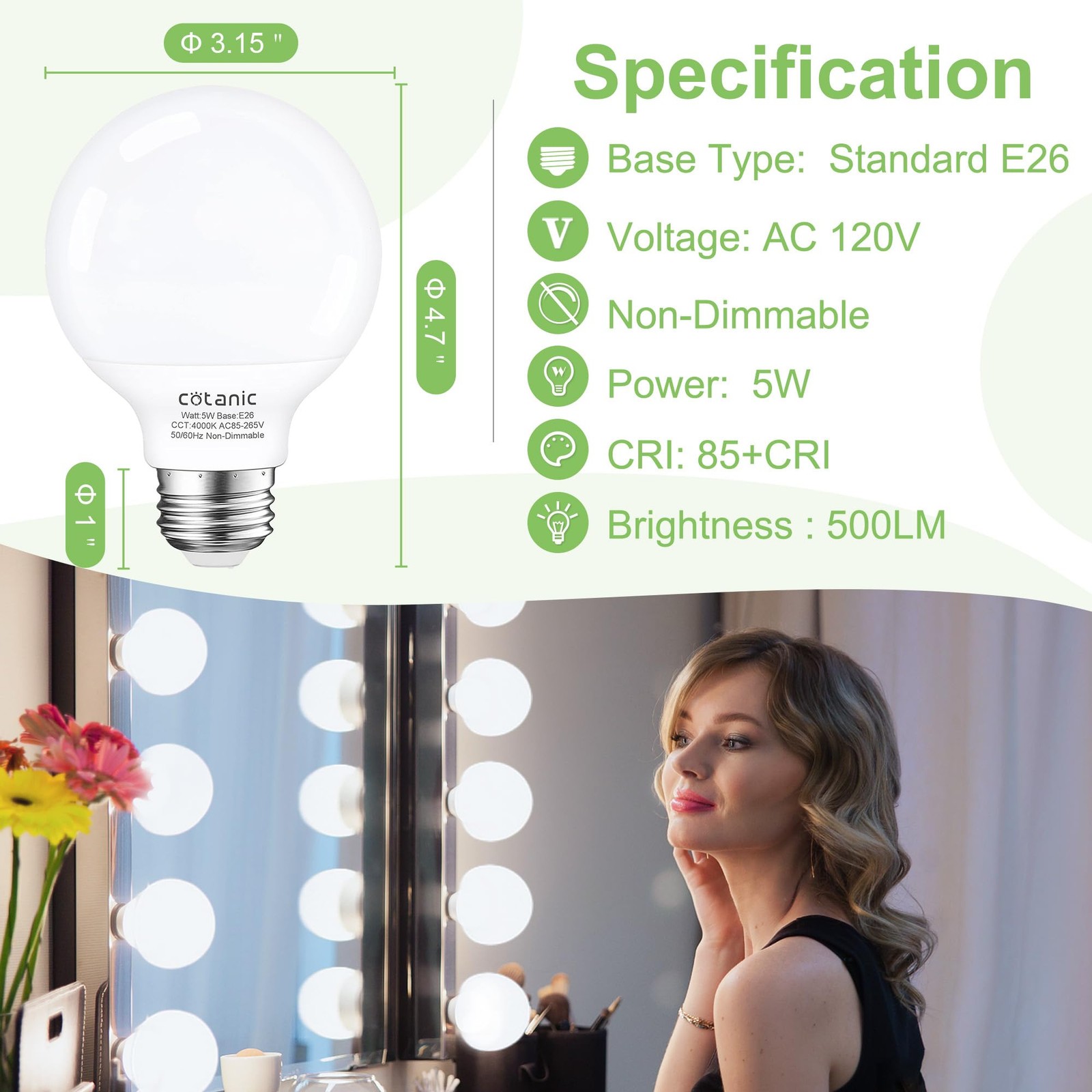 Cotanic G25 LED Globe Light Bulbs, 4 Count(Pack of 1), 4000k Natural Daylight