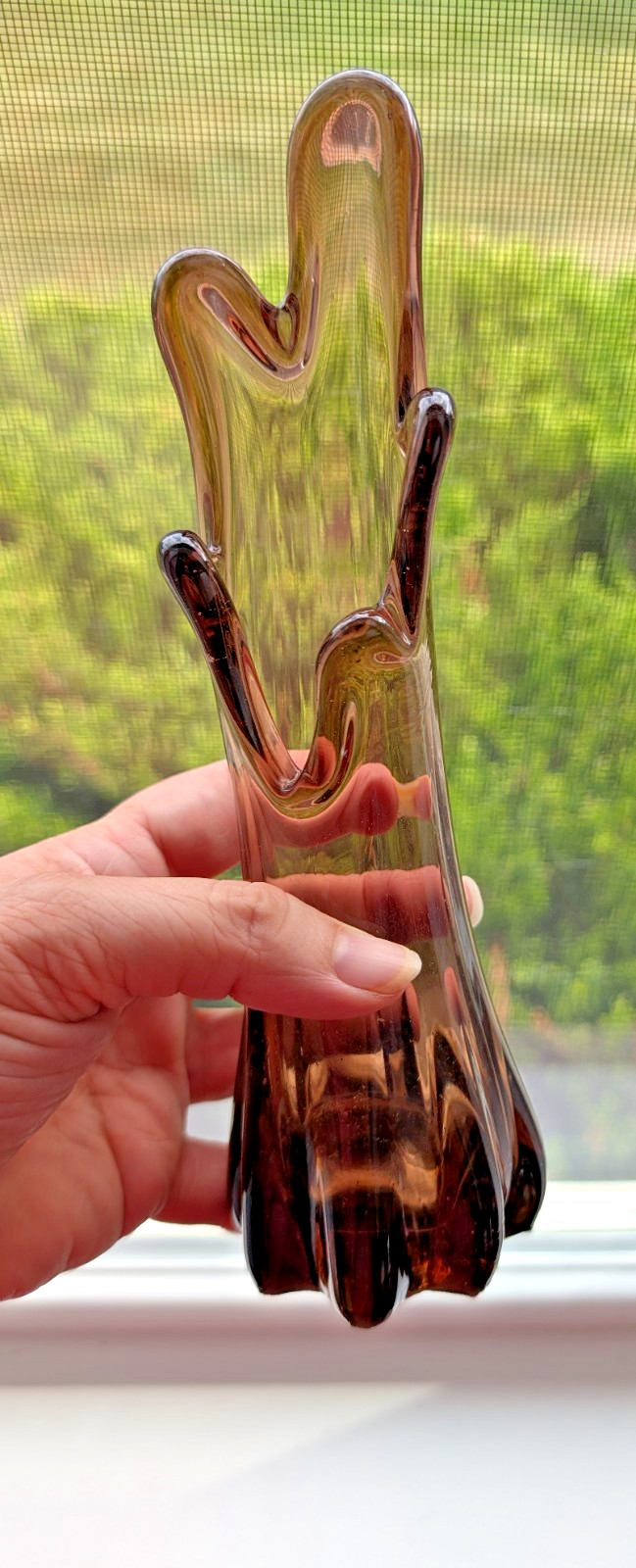 Vintage swung vase brown rootbeer art glass 5 finger MCM retro 8.75”