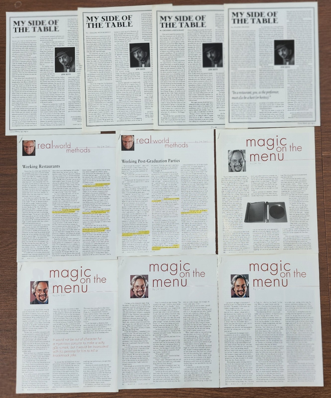 Jim Sisti collection 13 clippings Magic and Genii columns on restaurant magic