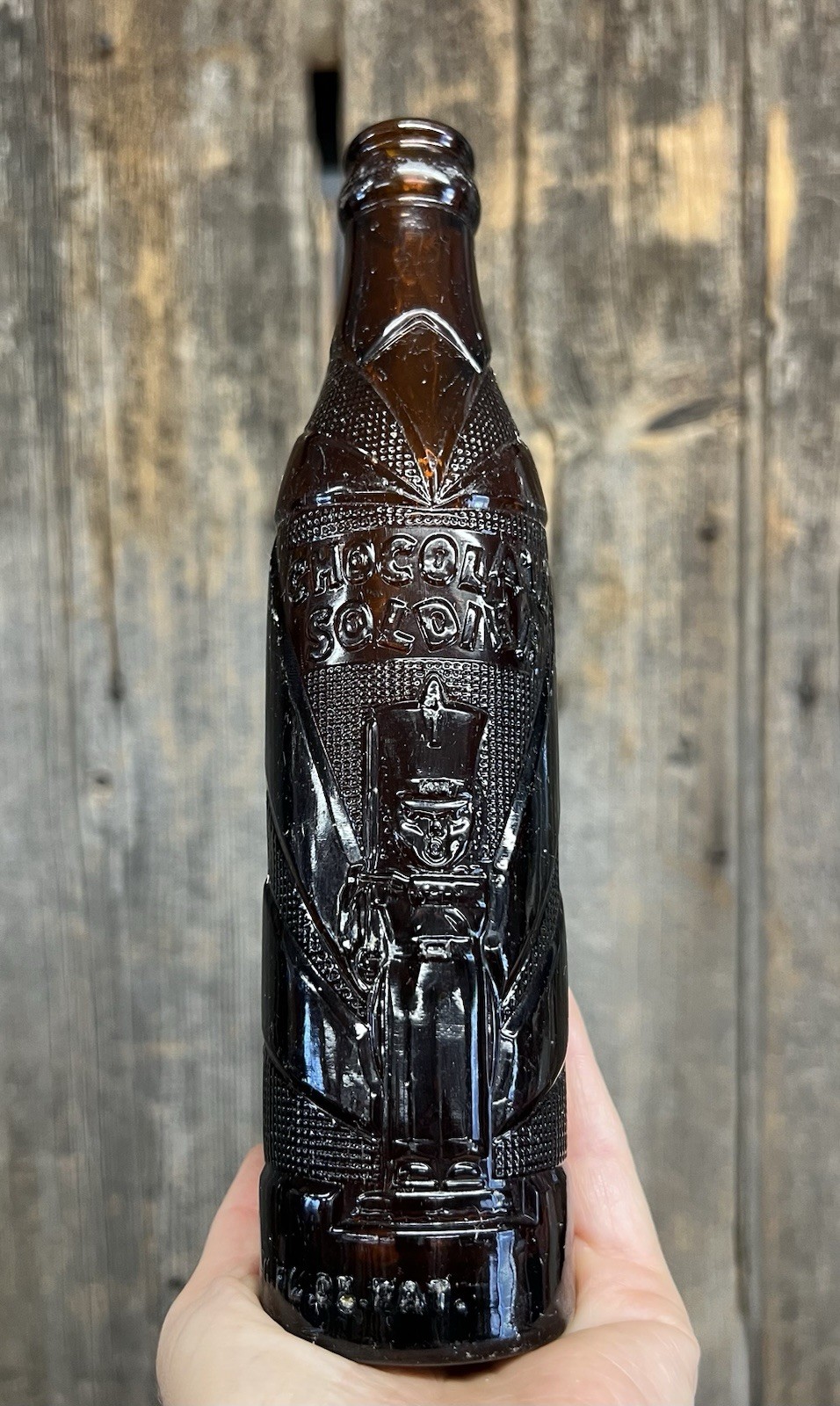 🔥RARE Vintage Art Deco Era Amber Glass Chocolate Soldier Drink Soda Bottle