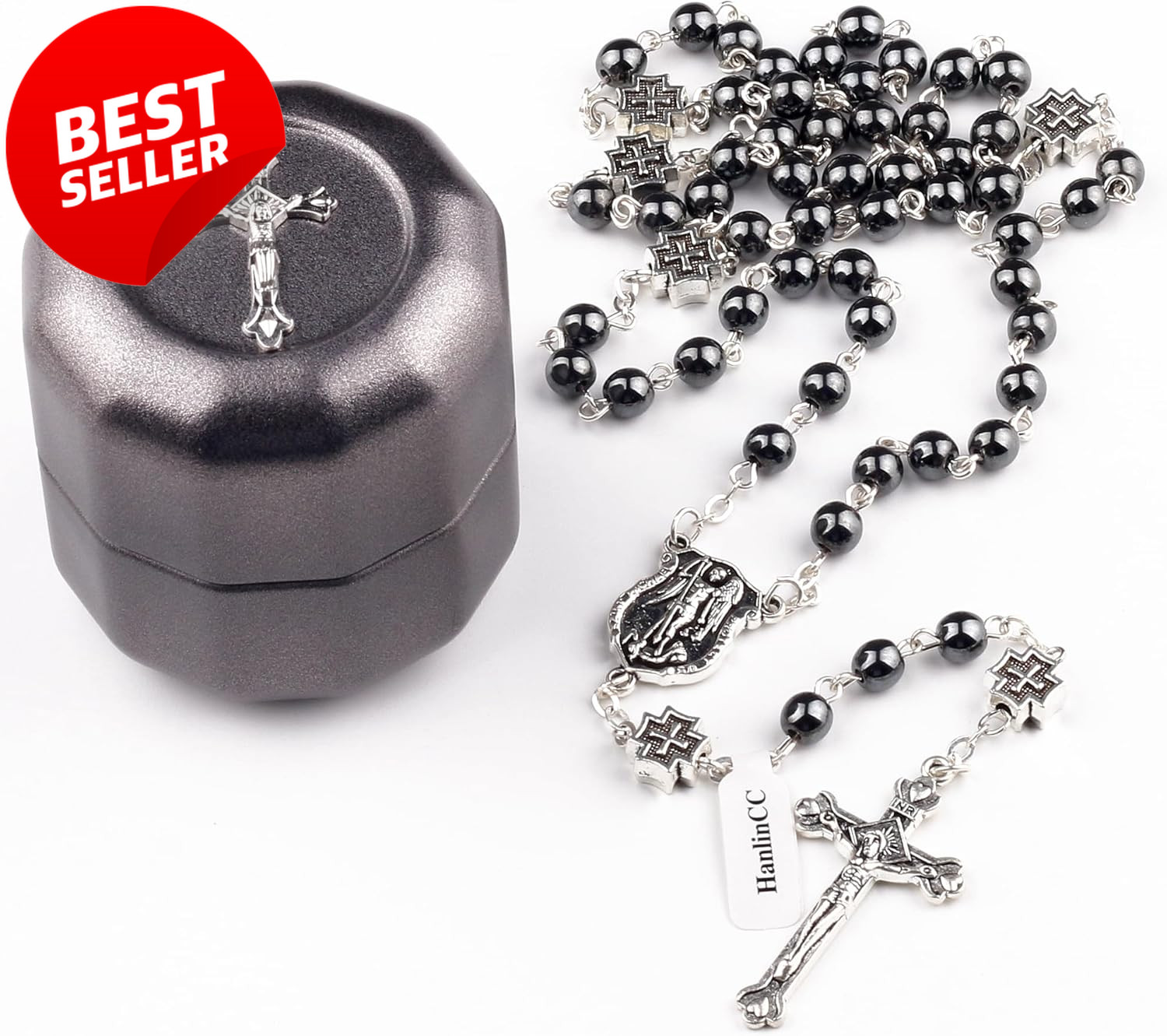 St. Michael Catholic Rosary Hematite Beads with Metal Cross in Gift Box – US