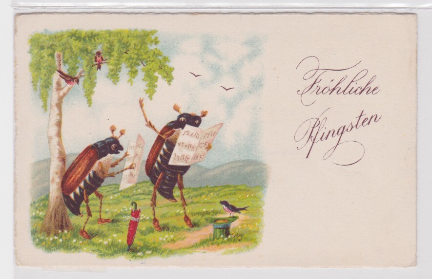 51415 Artist Postcard Merry Pentecost, 2 June Bugs Singing with Sheet Music