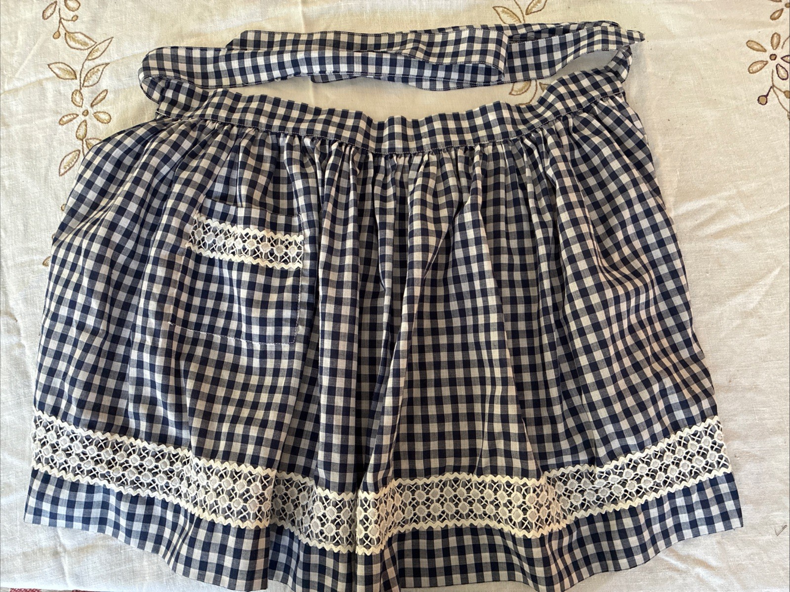 Vintage Navy And White Gingham Checked Embroidery Cross Stitch Apron