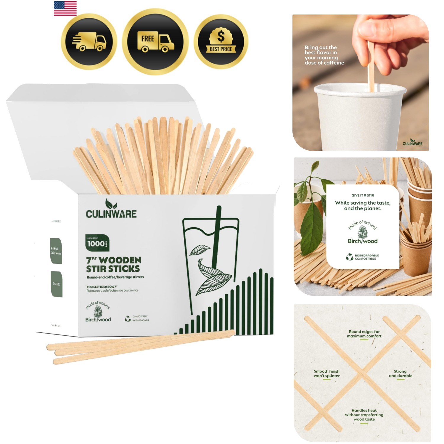 Coffee Stir Stirrers Wooden Eco-Friendly 7 In 1000 Pack for Beverages