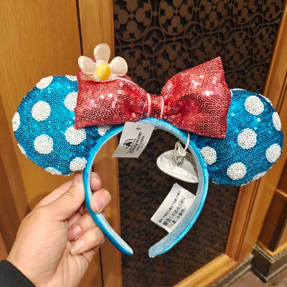 Disney- Parks Blue White Polka Dot Sunflower Sequin Minnie Mouse Ears Headband