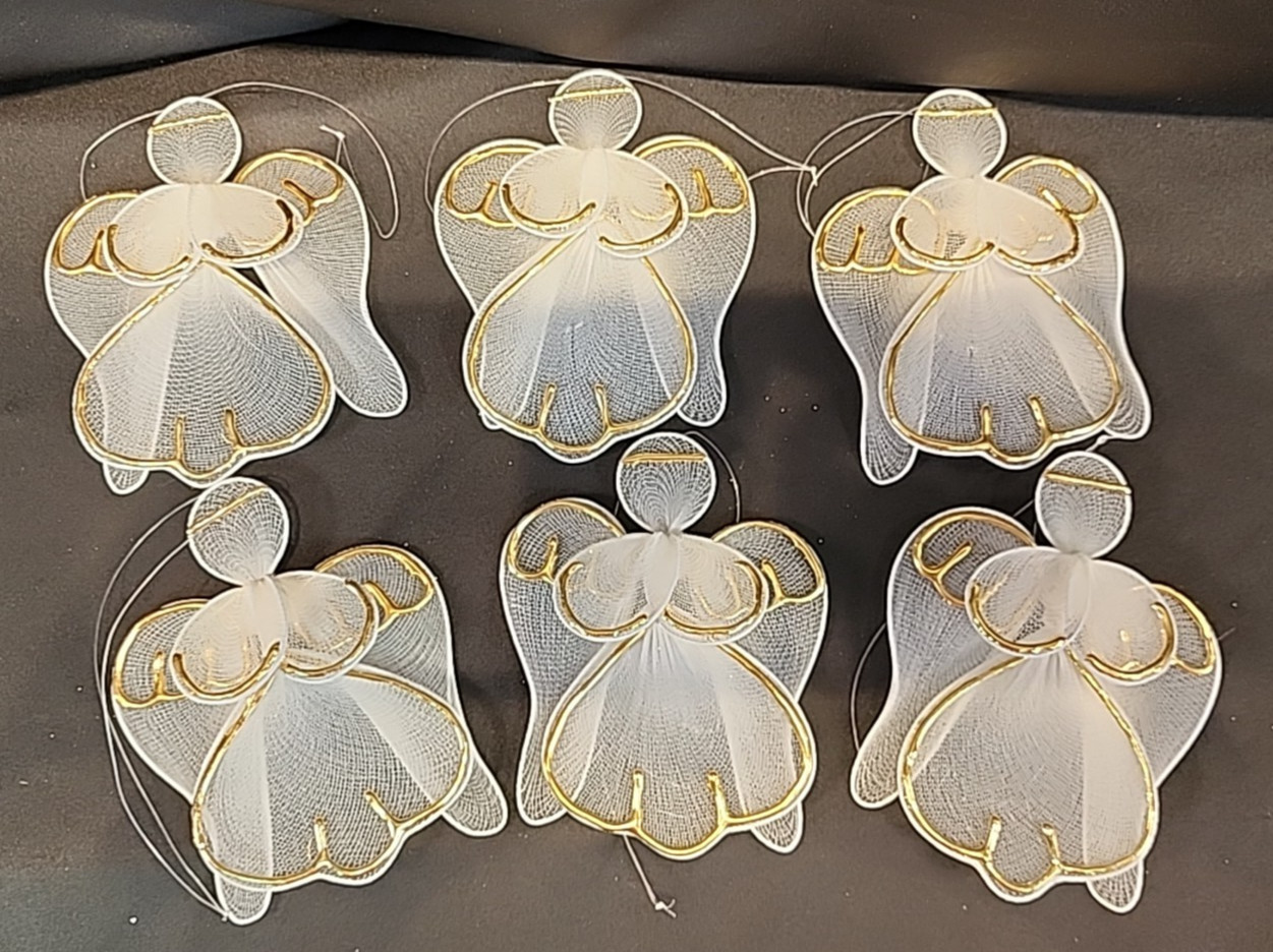 Vintage Tulle Nylon Wire Wrapped Angels Trimmed In Gold Set Of 6 Ornaments