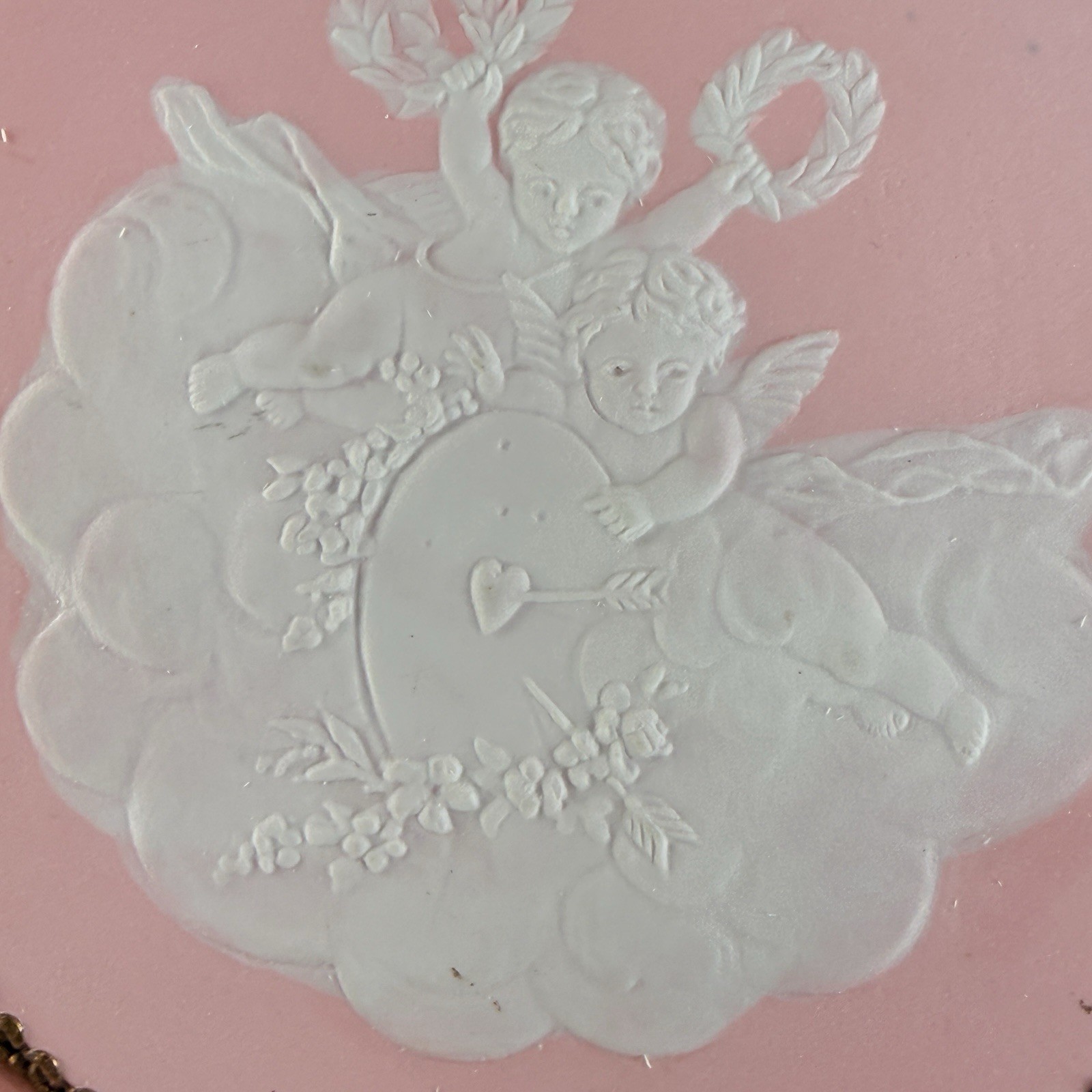 Pair Pink White Jasperware Plaques Putti Cherub Angels Framed Round 5.5″