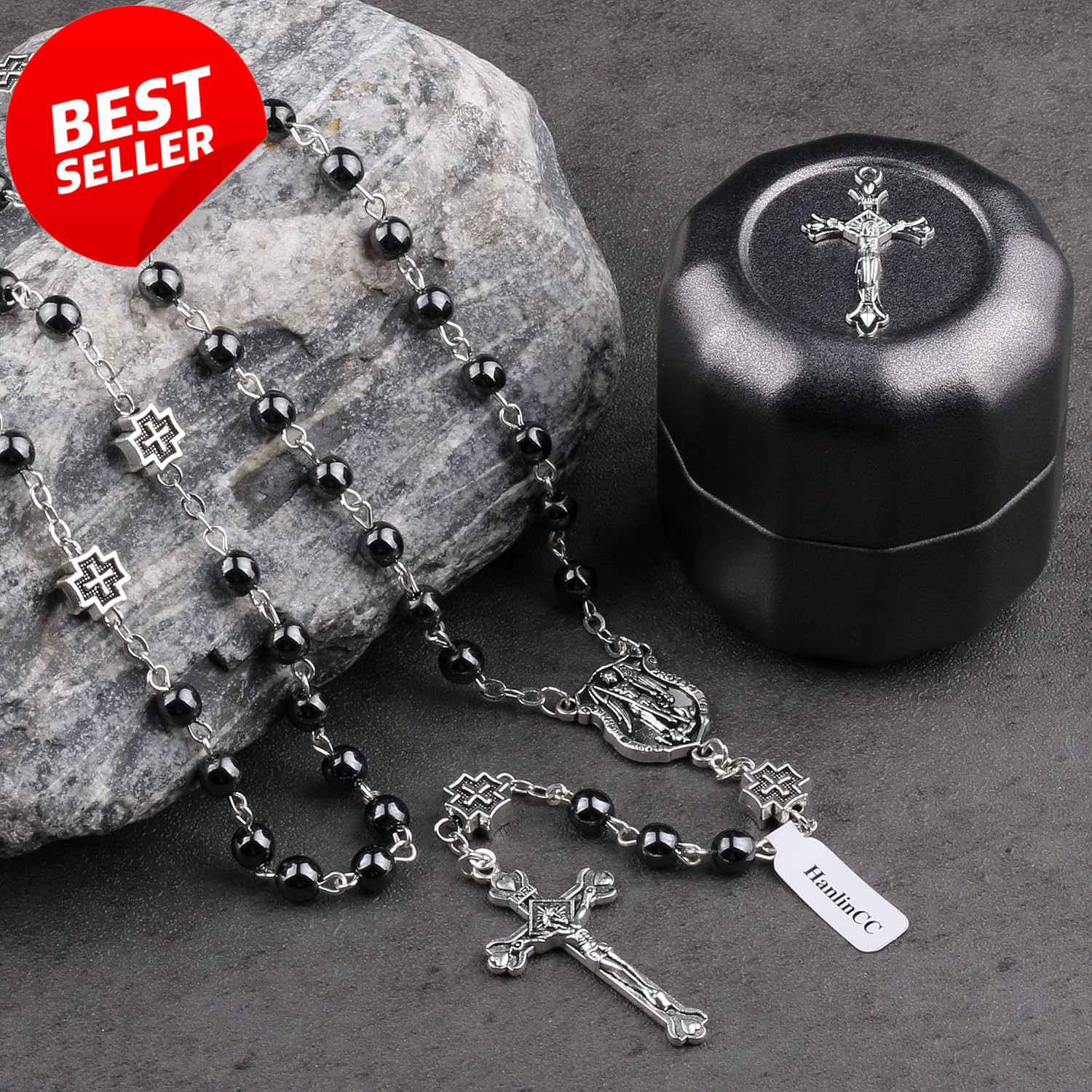 St. Michael Catholic Rosary Hematite Beads with Metal Cross in Gift Box – US