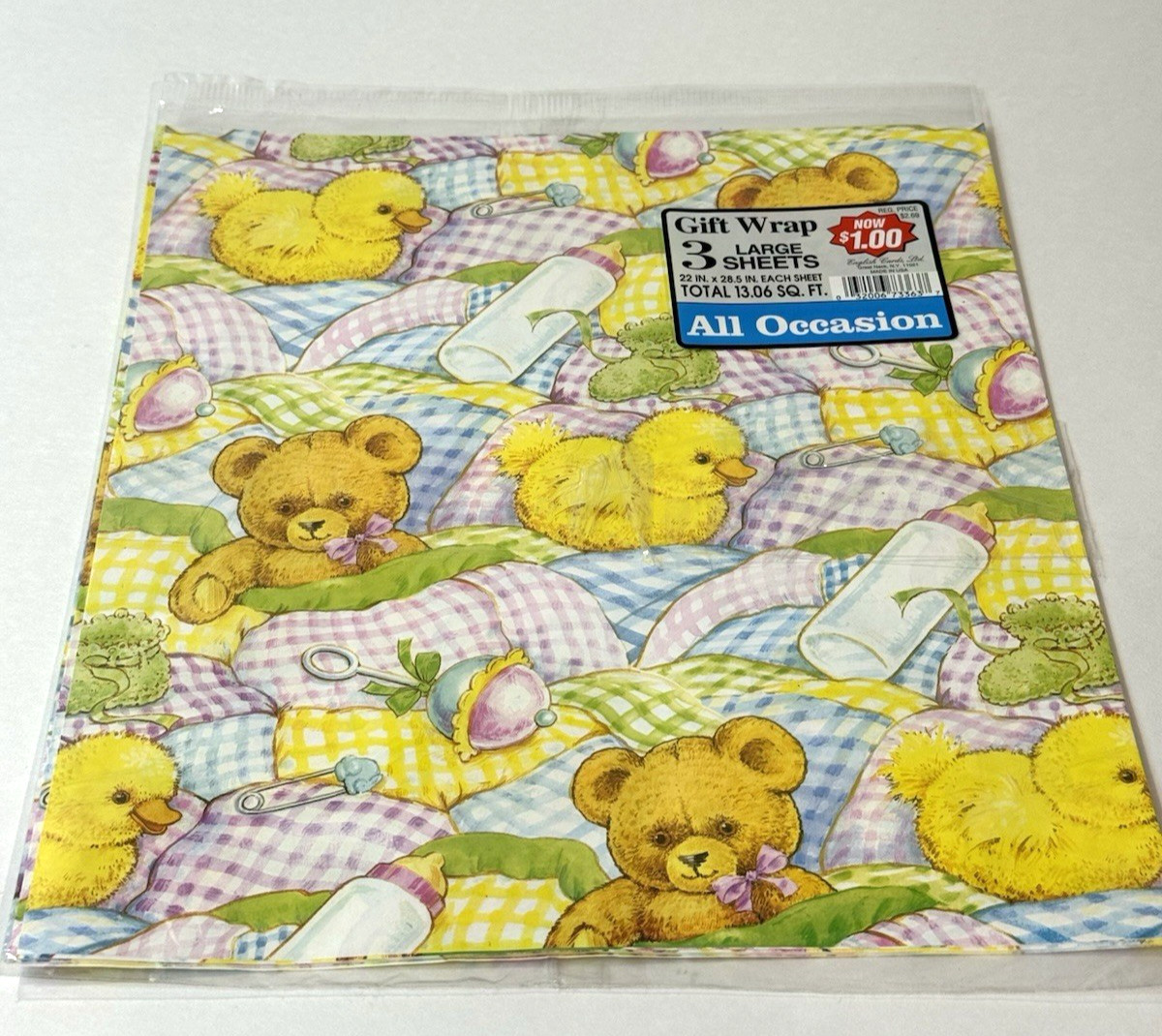 VTG English Cards Gift Wrap Baby Pastel Duck Bear Rattle 3 LG Sheets US NOS READ