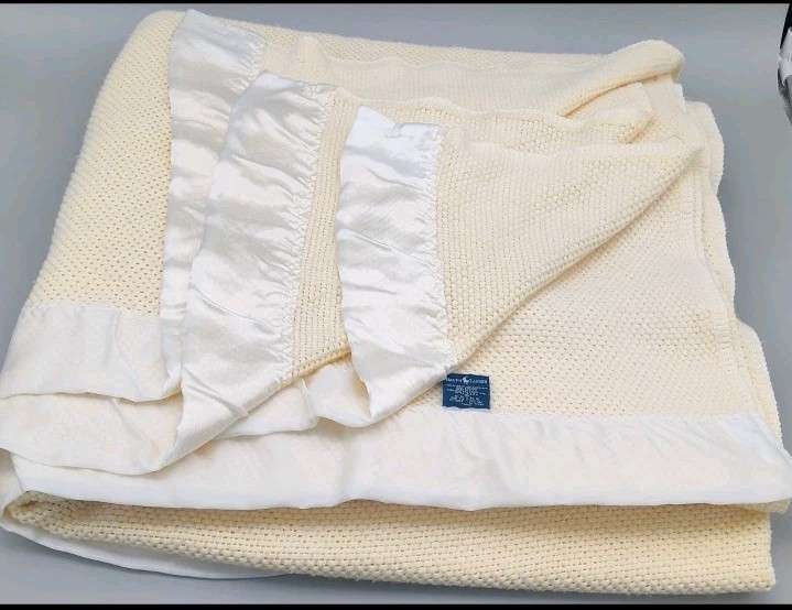 Vintage Ralph Lauren Waffle Weave Blanket Tan Cream Satin Edge 84×85 USA