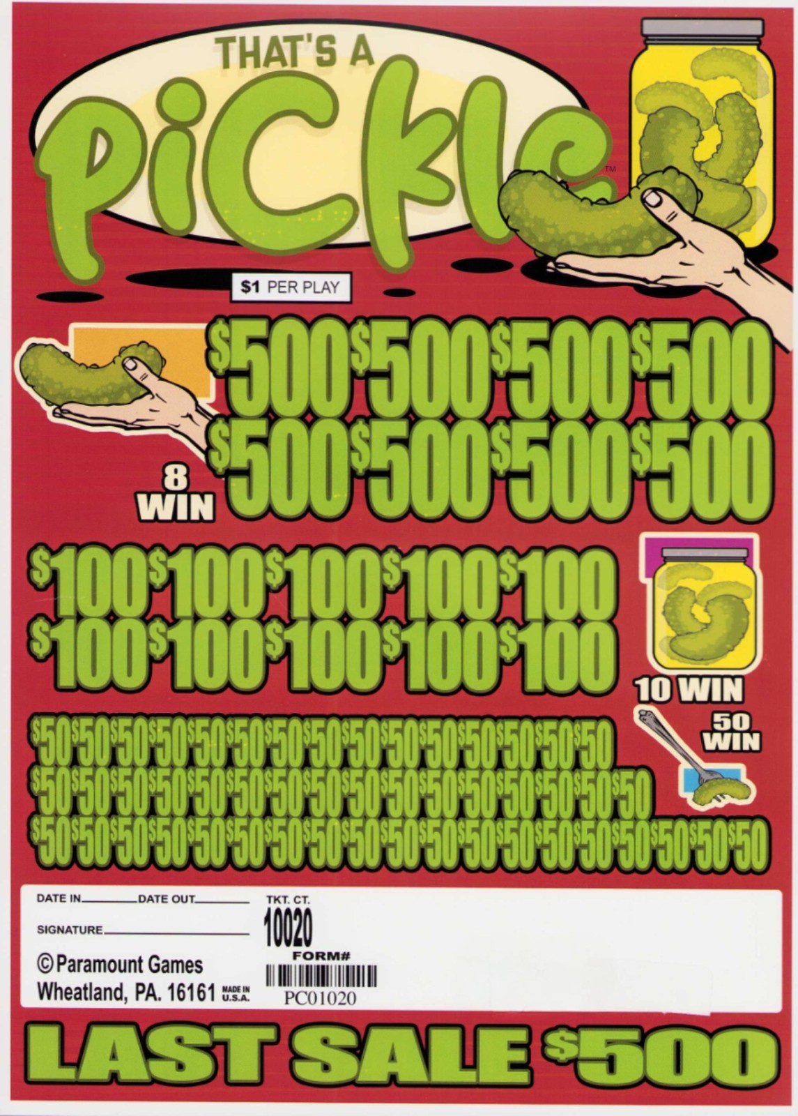 Pull Tab Tickets – Jar – Game – That’s a pickle 10,020 ct