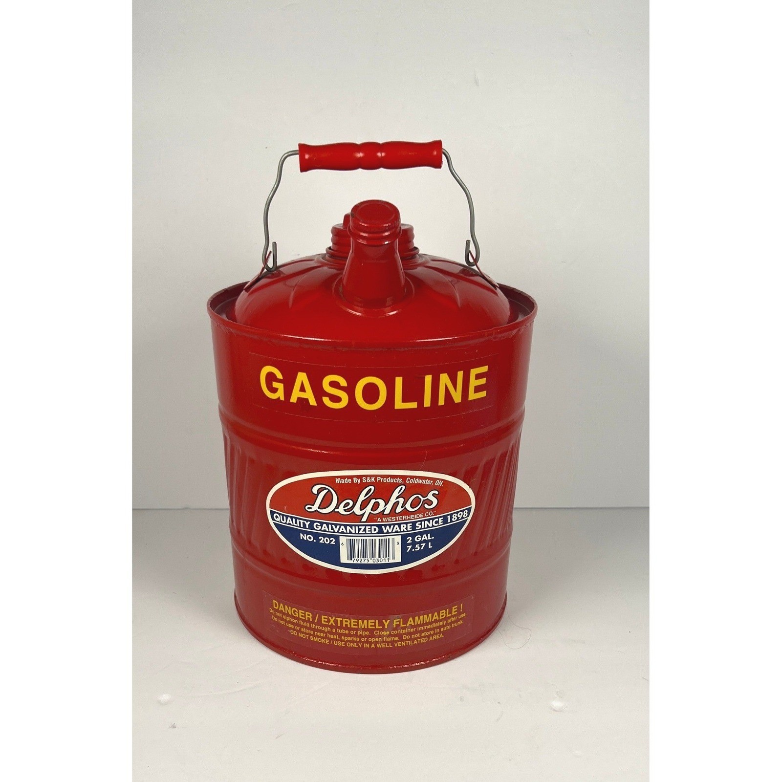 Delphos No 202 Red Galvanized Gasoline Can 2 Gal S&K Products Vintage Style
