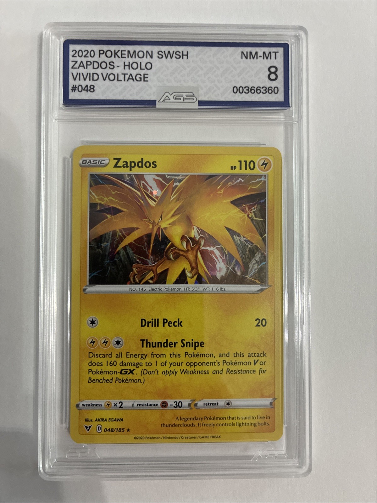 Zapdos 2020 Pokemon SWSH Vivid Voltage Holo #048 AGS 8