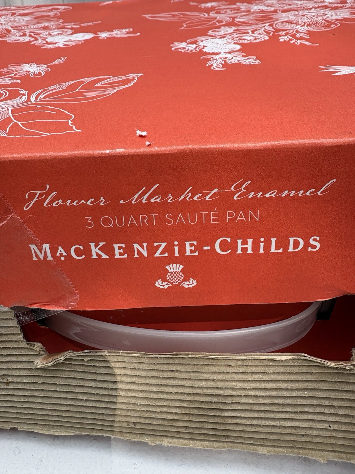 Mackenzie Childs Flower Market White 3 Qt Covered Sauté Pot Pan HTF Bird Lid