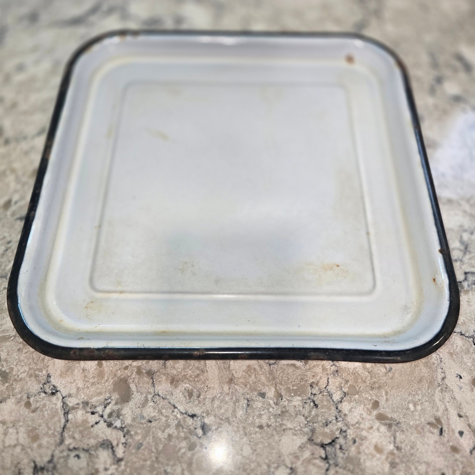 Vintage White Enamelware Square Tray Black Rim Farmhouse Rustic Decor 12 Inch