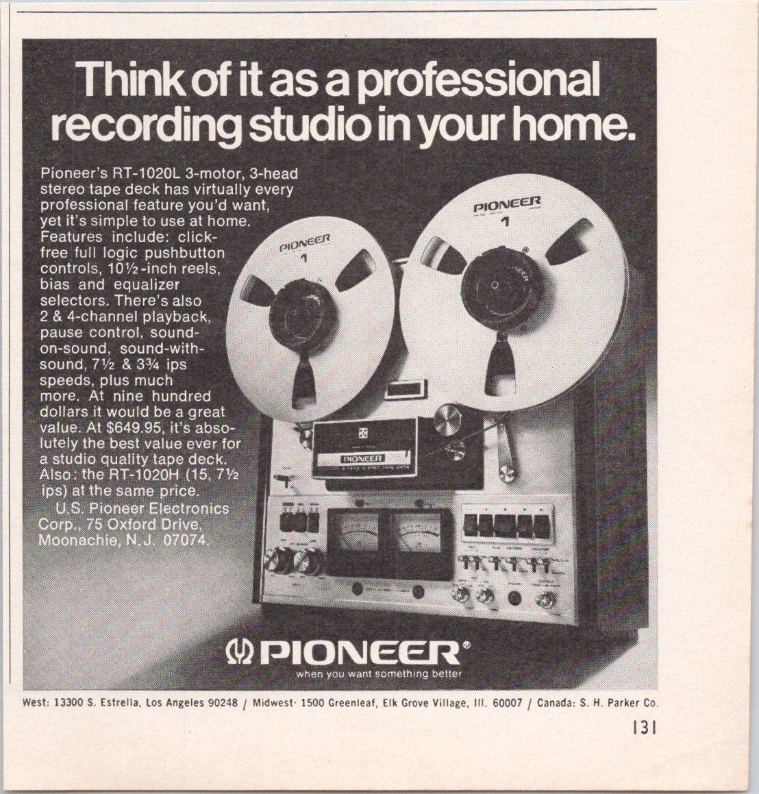 Pioneer RT-1020L Vintage Print Ad 1974 Stereo Tape Deck 10.5-Inch Reels