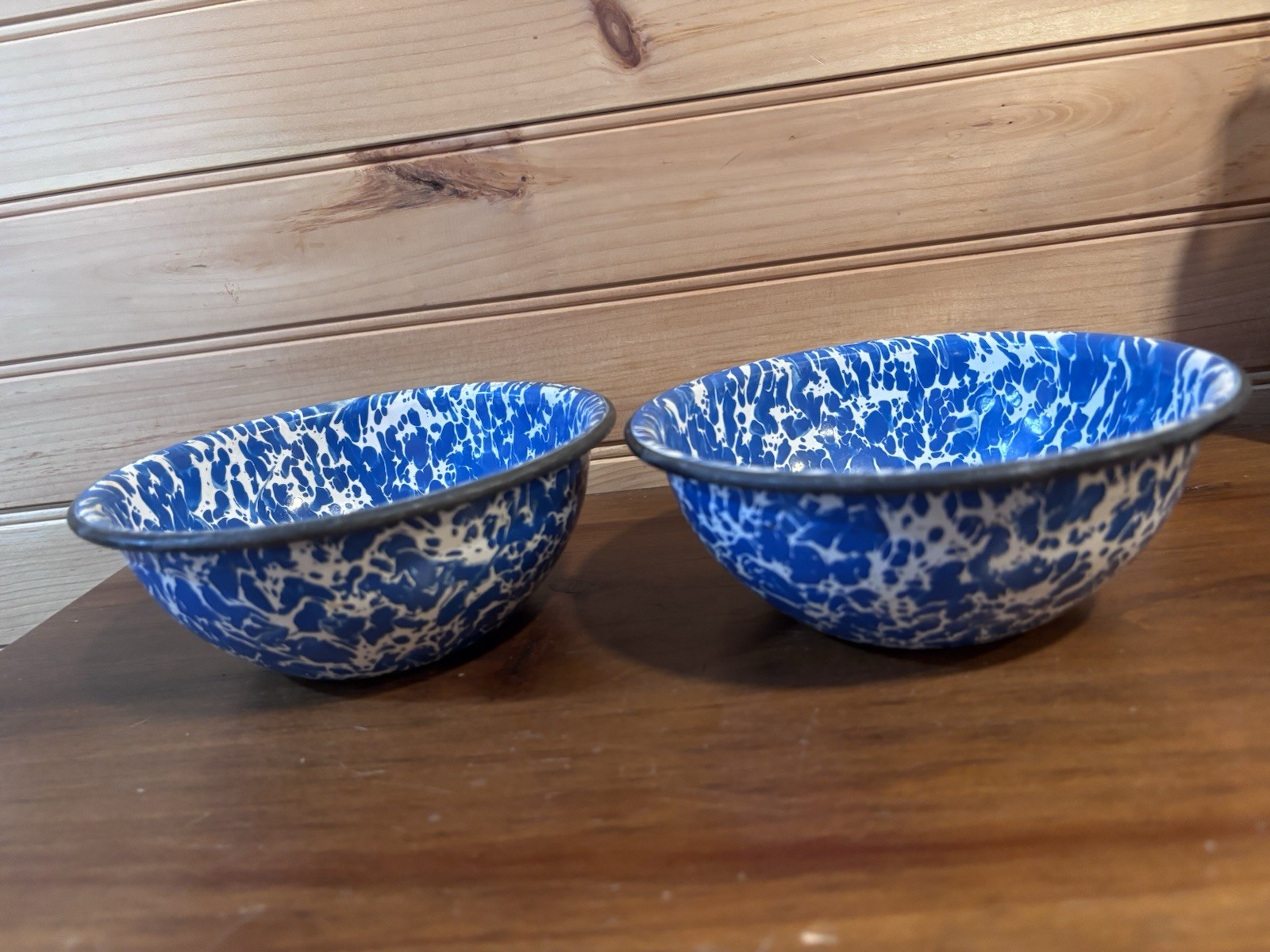 Set of 2 Blue & White Splatter Enamel Metal Round Bowls Glossy Finish
