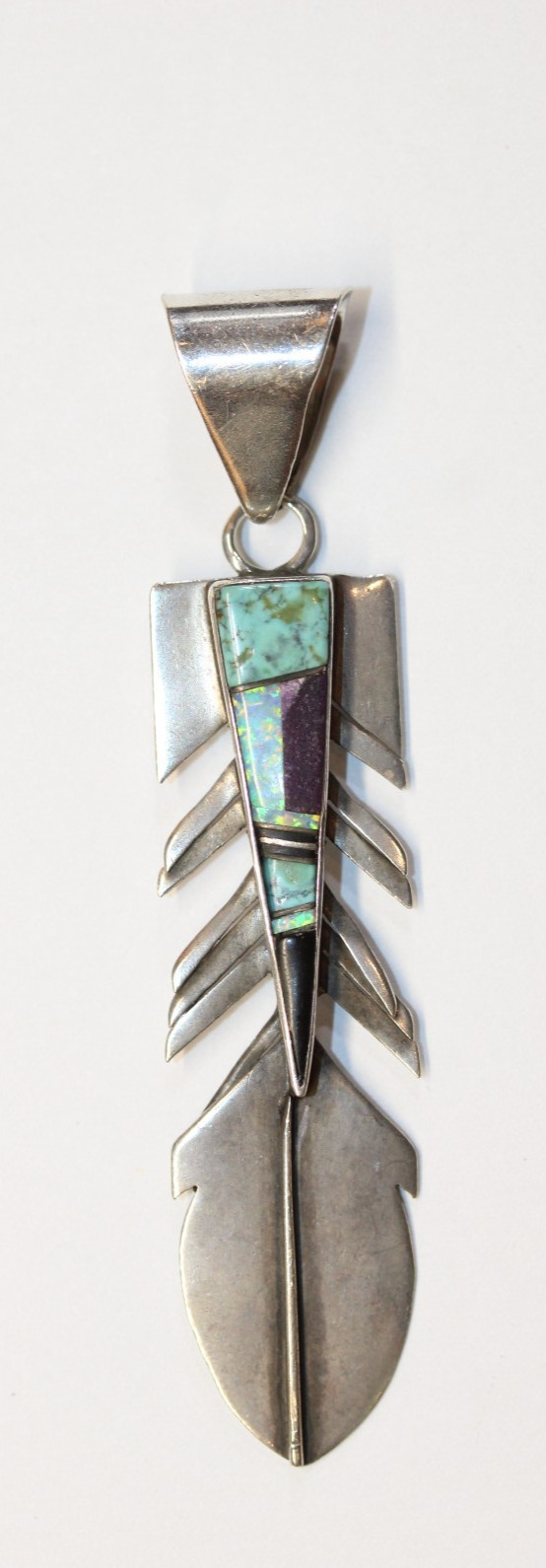 Native American Zuni Sterling Silver Turquoise Opal Inlay Feather 3″Pendant #192