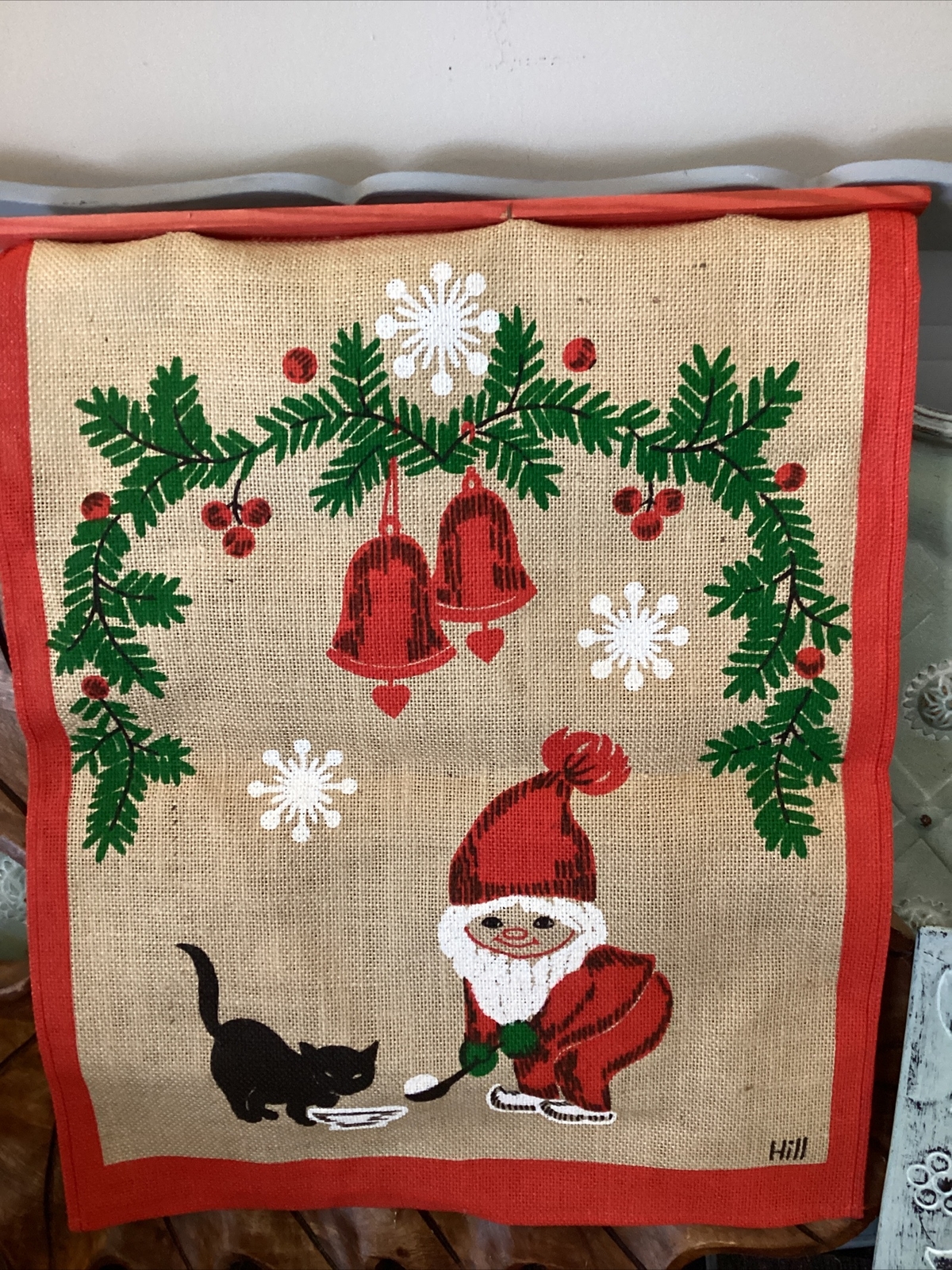 Jute Christmas wall hanging Santa cat Christmas Sweden hand painted Jute hill