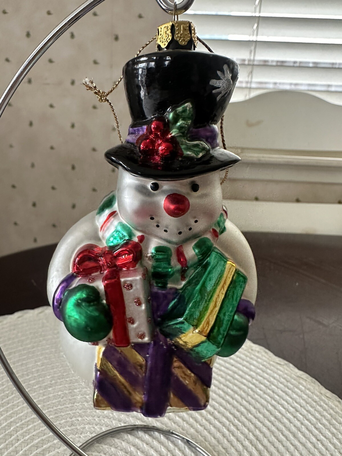 Blown Glass Snowman Bearing Gifts Christmas Ornament 5” North Pole Trading Co
