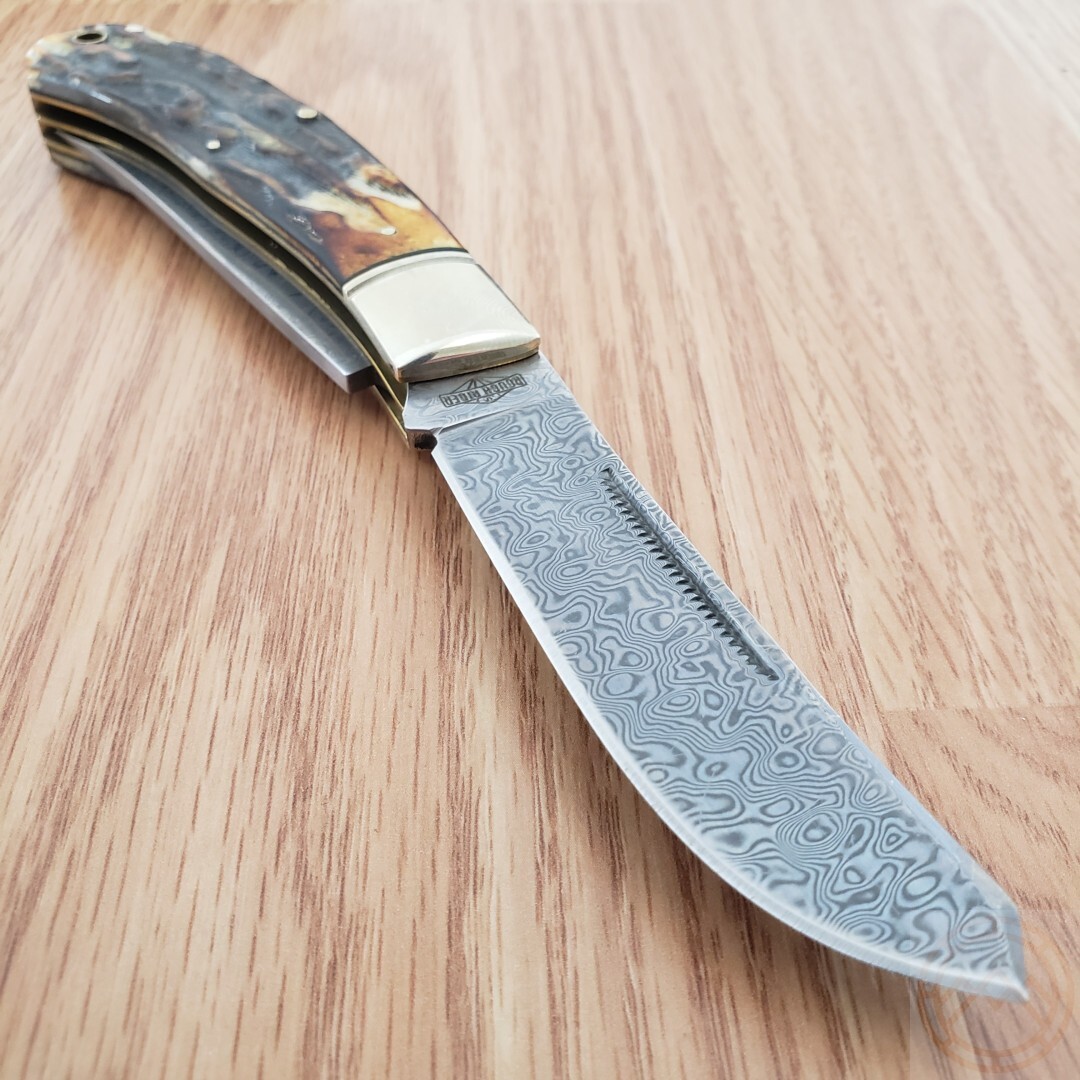 Rough Ryder Upswept Trapper Pocket Knife Damascus Steel Blades Bone Handle 2525