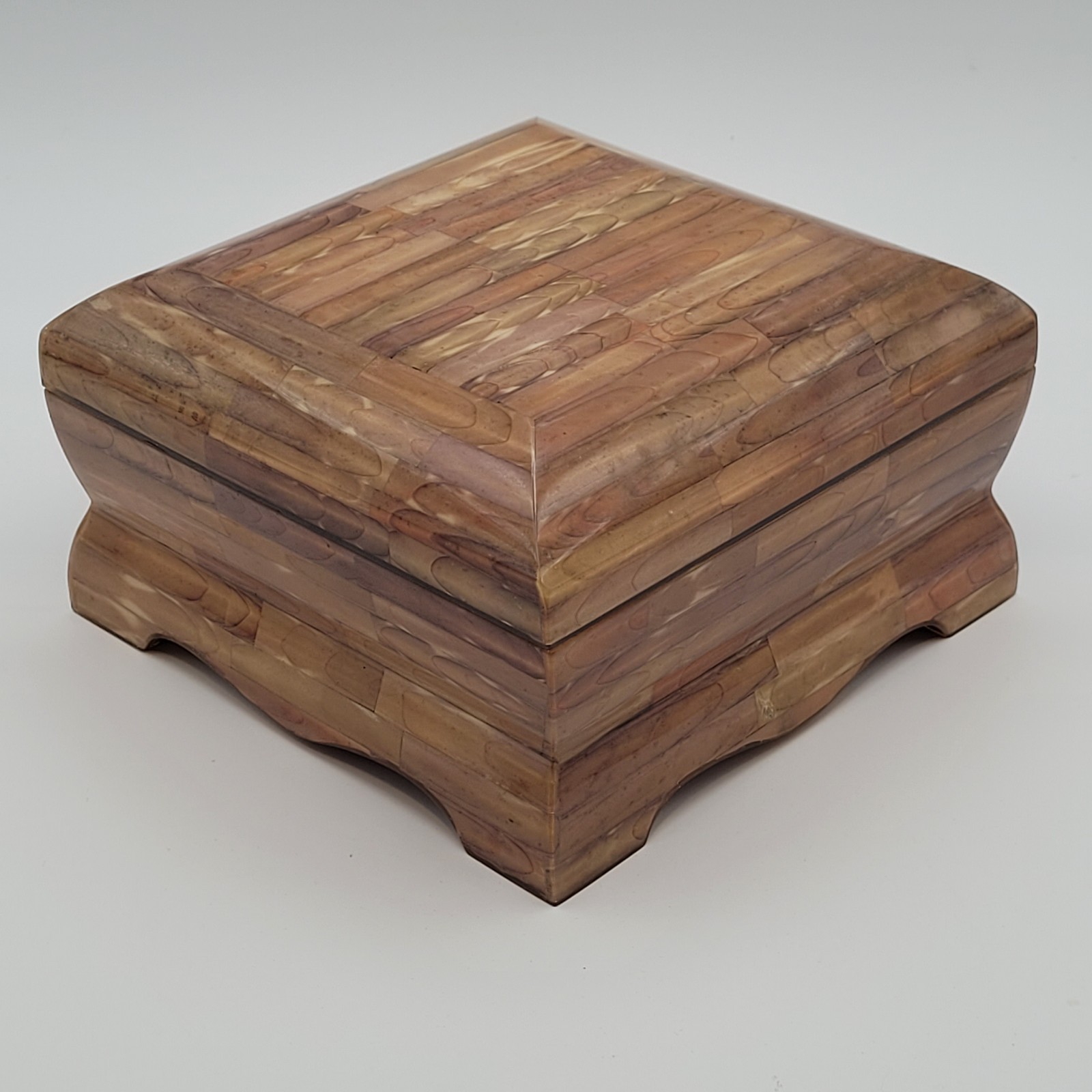 Vtg Inlayed Wood Jewelry Box Resin Finish Red Velvet Lining Hinged Lid 6″x6″x3″