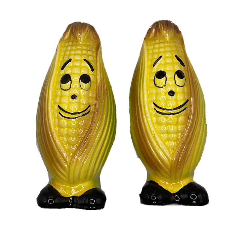 Vintage Anthromophic Ceramic Salt & Pepper Shakers Corn 4.750” Tall Japan flaw