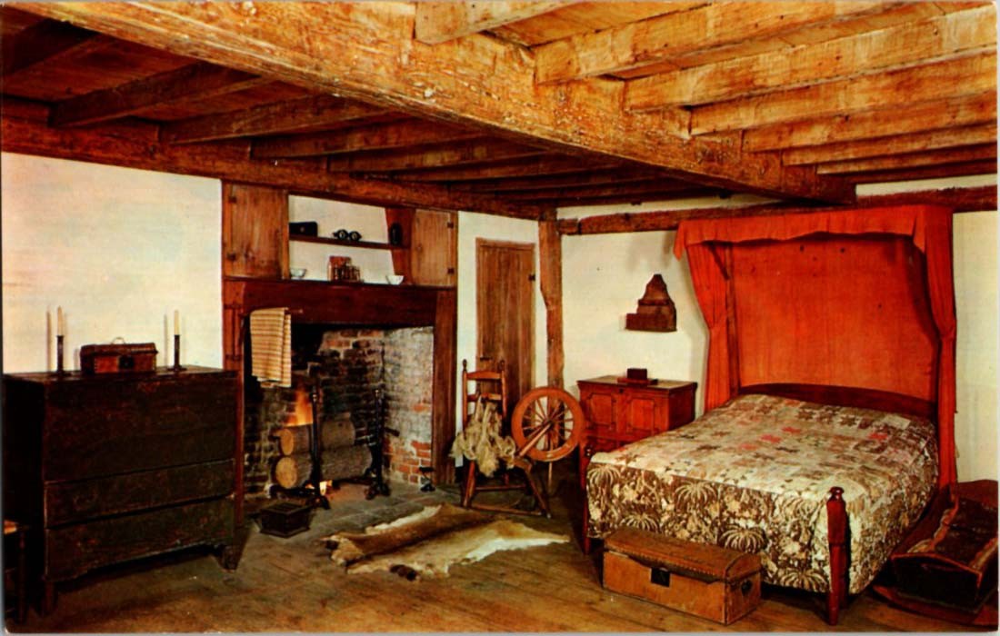Saugus MA postcard BEDROOM IN THE SAUGUS IRONMASTER’S HOUSE j/13 BE1681