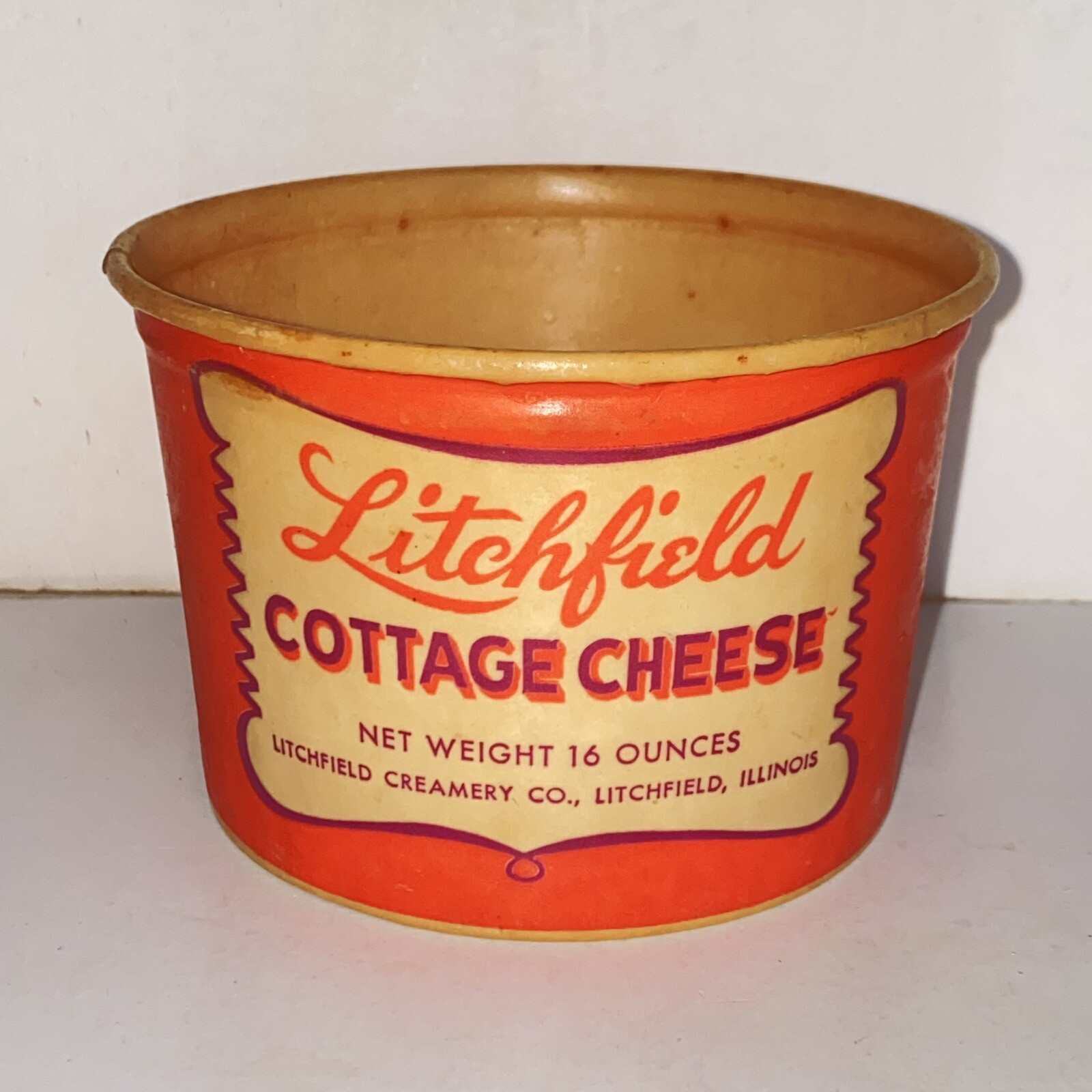 Vintage Litchfield Illinois Creamery Waxed Cottage Cheese 16oz Empty Container