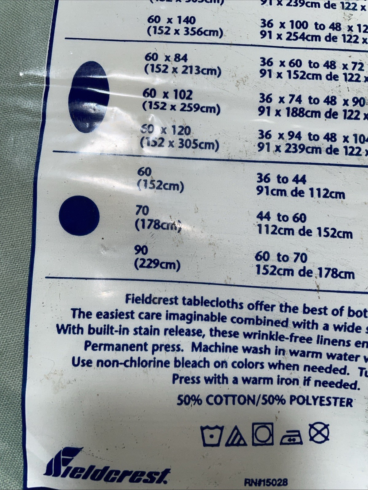 Fieldcrest Cotton & Polyester Tablecloth 70” Round Green Machine Wash New Sealed