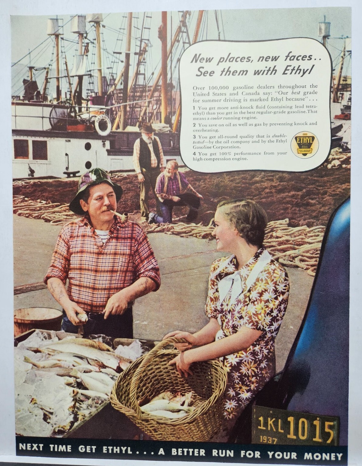 1937 Ethyl Gasoline Fishing Boat Fishermen Original Print Ad Life Magazine 30’s