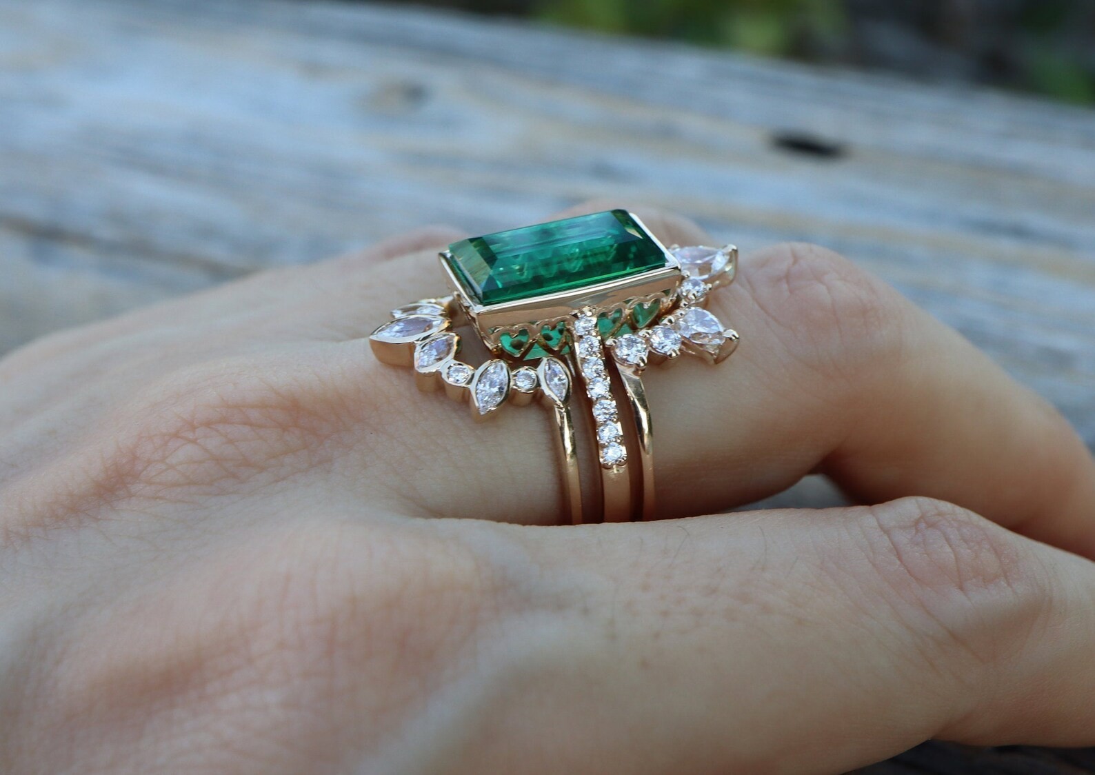 Rectangle Emerald & Diamond Halo Bridal 3 Rings Set-18K Yellow Gold Over Sizable