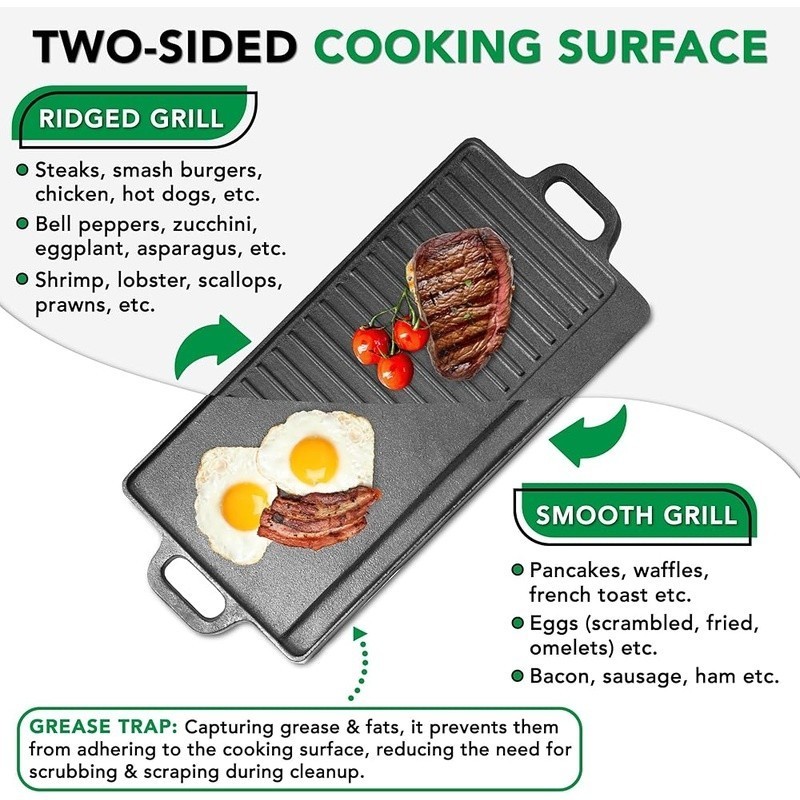 Reversible Cast Iron Griddle Non Stick Double Sided Easy Clean Camping Cooking