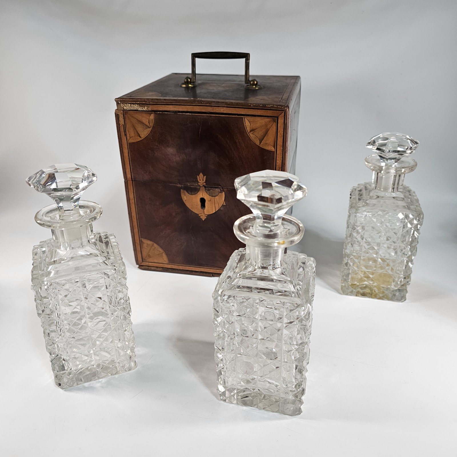 Antique French Decanter Wood Inlay Crystal Velvet Lined Trunk Cabinet Napoleon