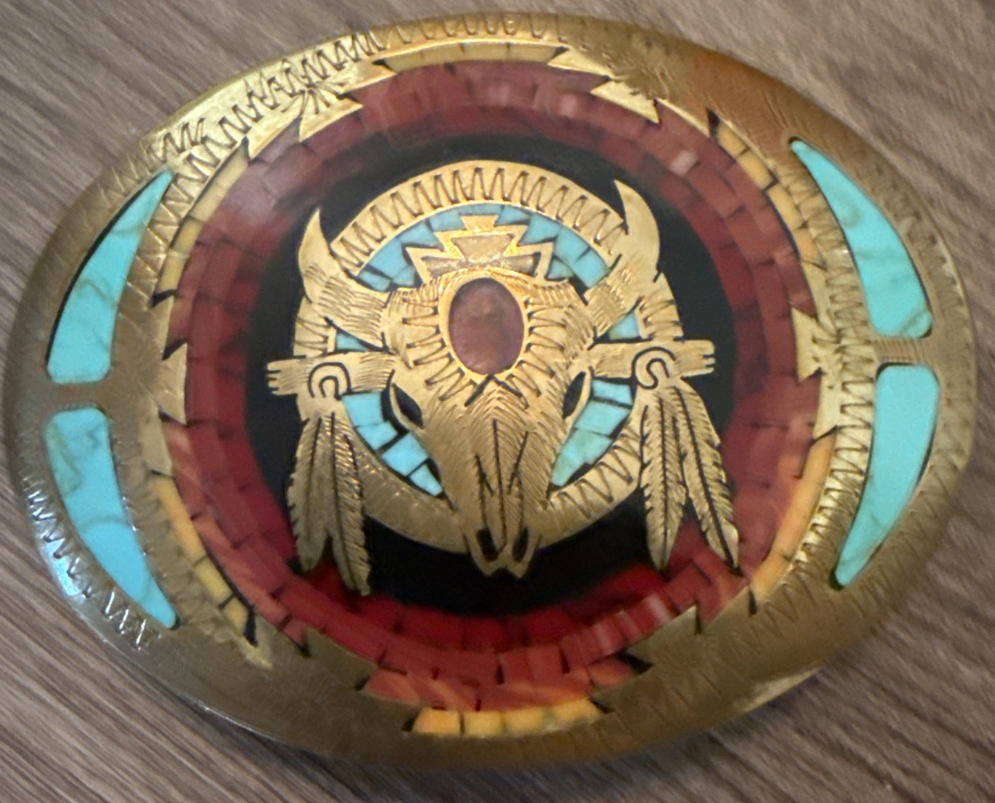 Vtg Johnson & Held Belt Buckle American Indian Western Turquoise & Bronze Inlay