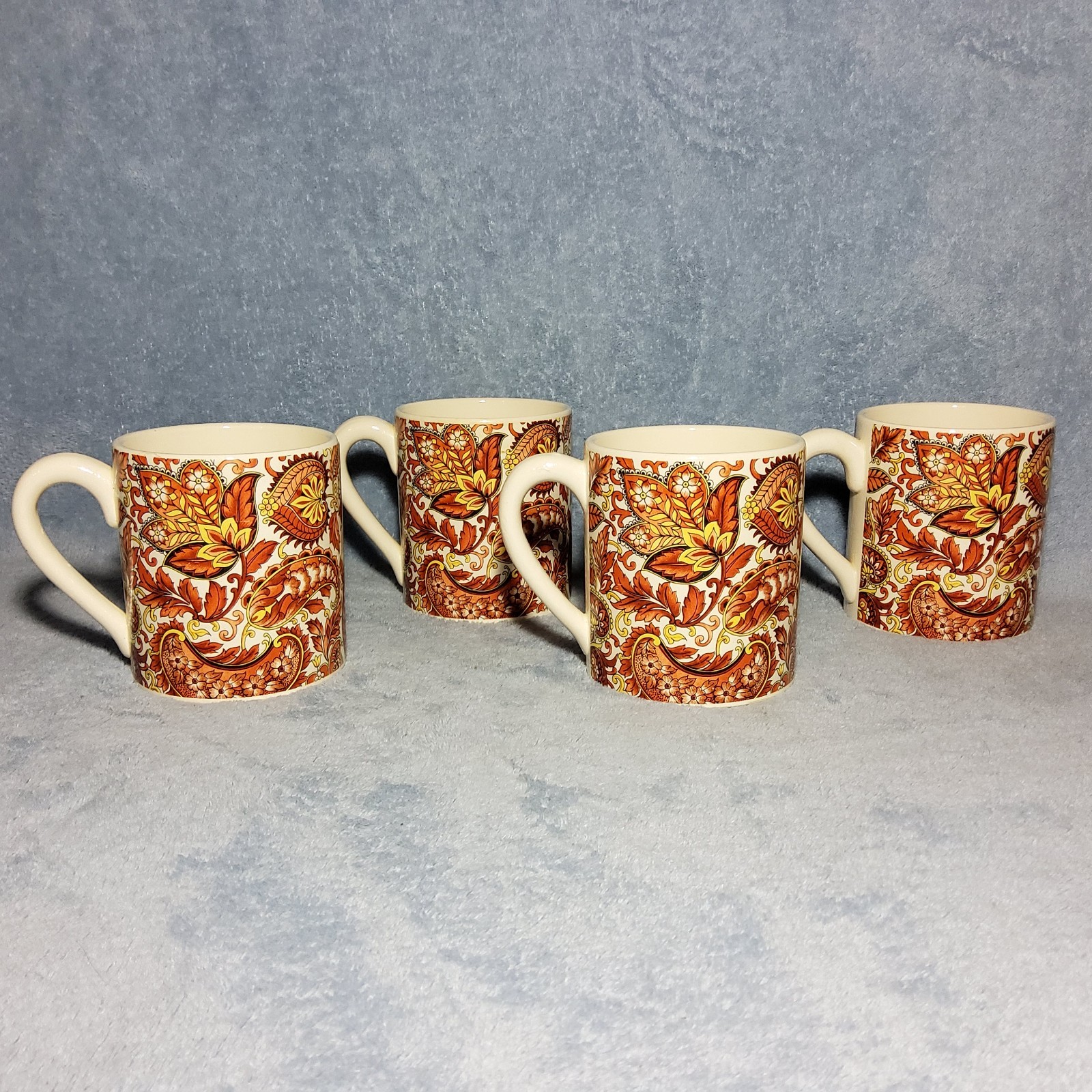 (4) Vintage Waechtersbach West Germany Paisley Floral Mugs Orange Yellow MCM