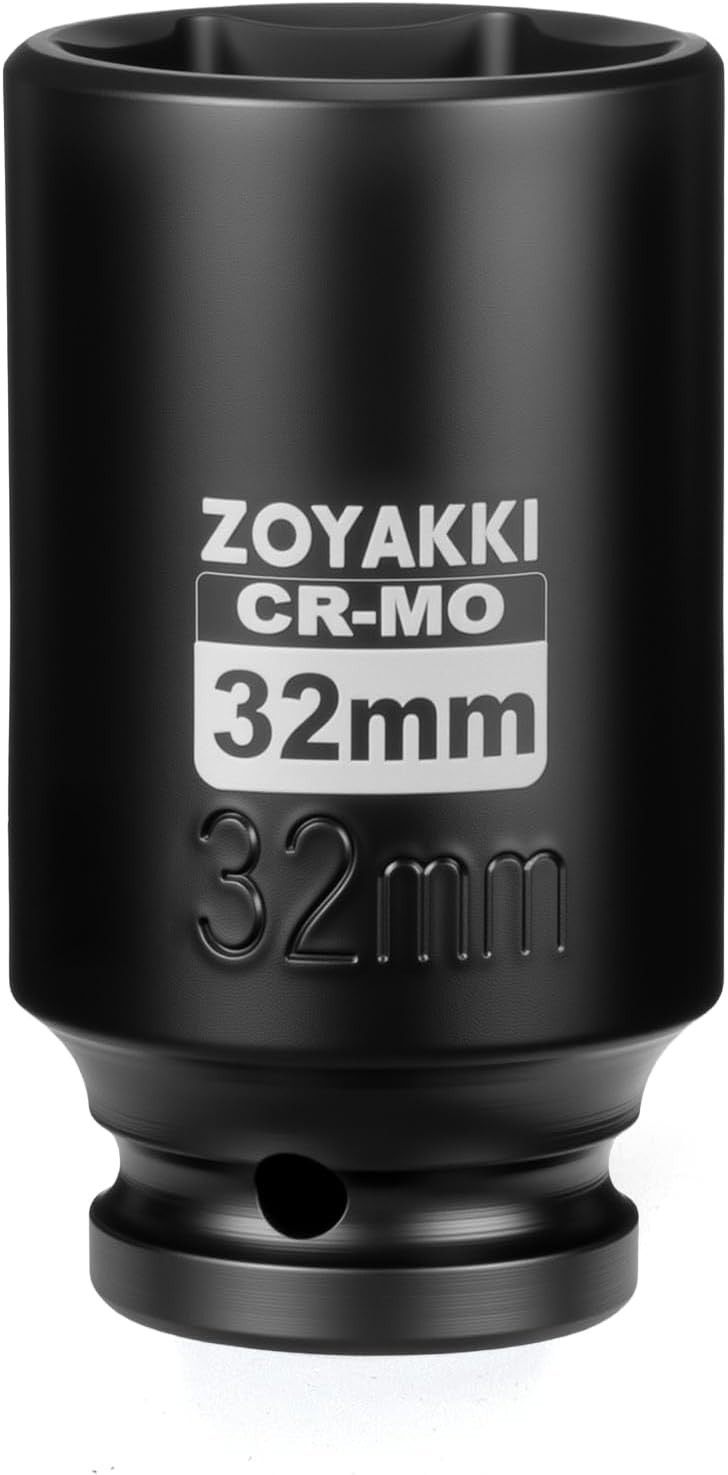 1/2″ Drive x 32 mm Deep 6 PT Impact Socket, CR-MO,1/2-inch Drive 6 Point Axle Nu