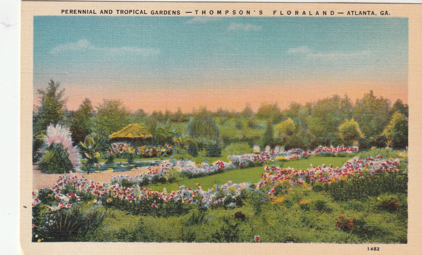 Linen Postcard Perennial Tropical Gardens Thompson’s Floraland Atl. GA