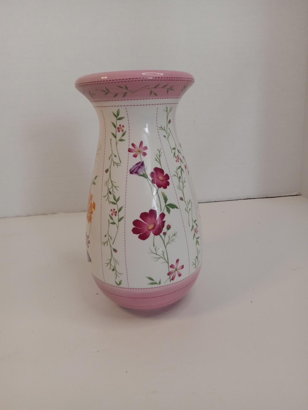 Laura Ashley Home FTD Vase 8 1/4 in tall pink trim and climbing flowers ceramic